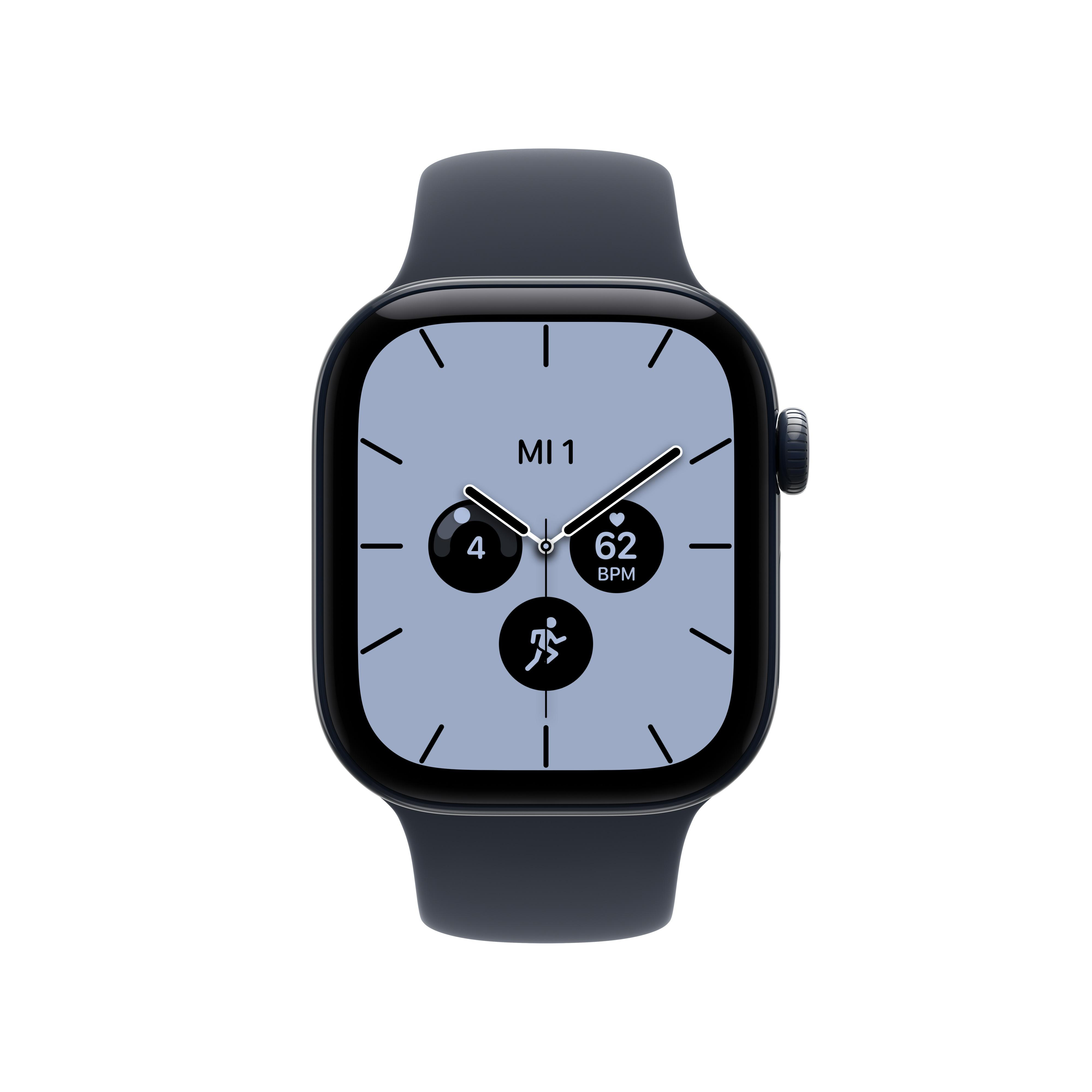 Eine schwarze Smartwatch mit grauem Display zeigt Analoguhrzeiger, Herzfrequenz und Aktivitätssymbole auf weißem Grund.