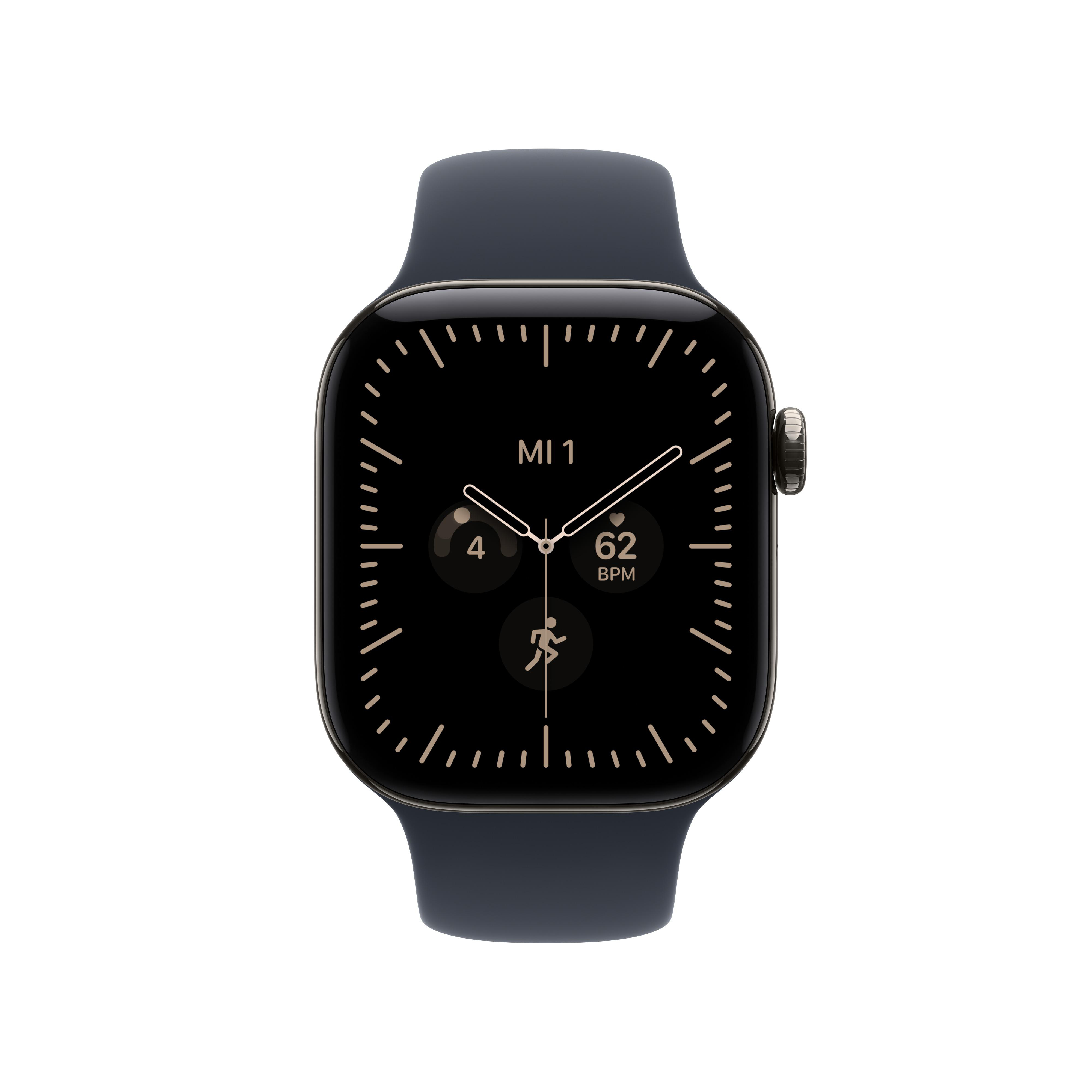Schwarze Smartwatch mit dunklem Armband und digitalem Zifferblatt auf weißem Grund.