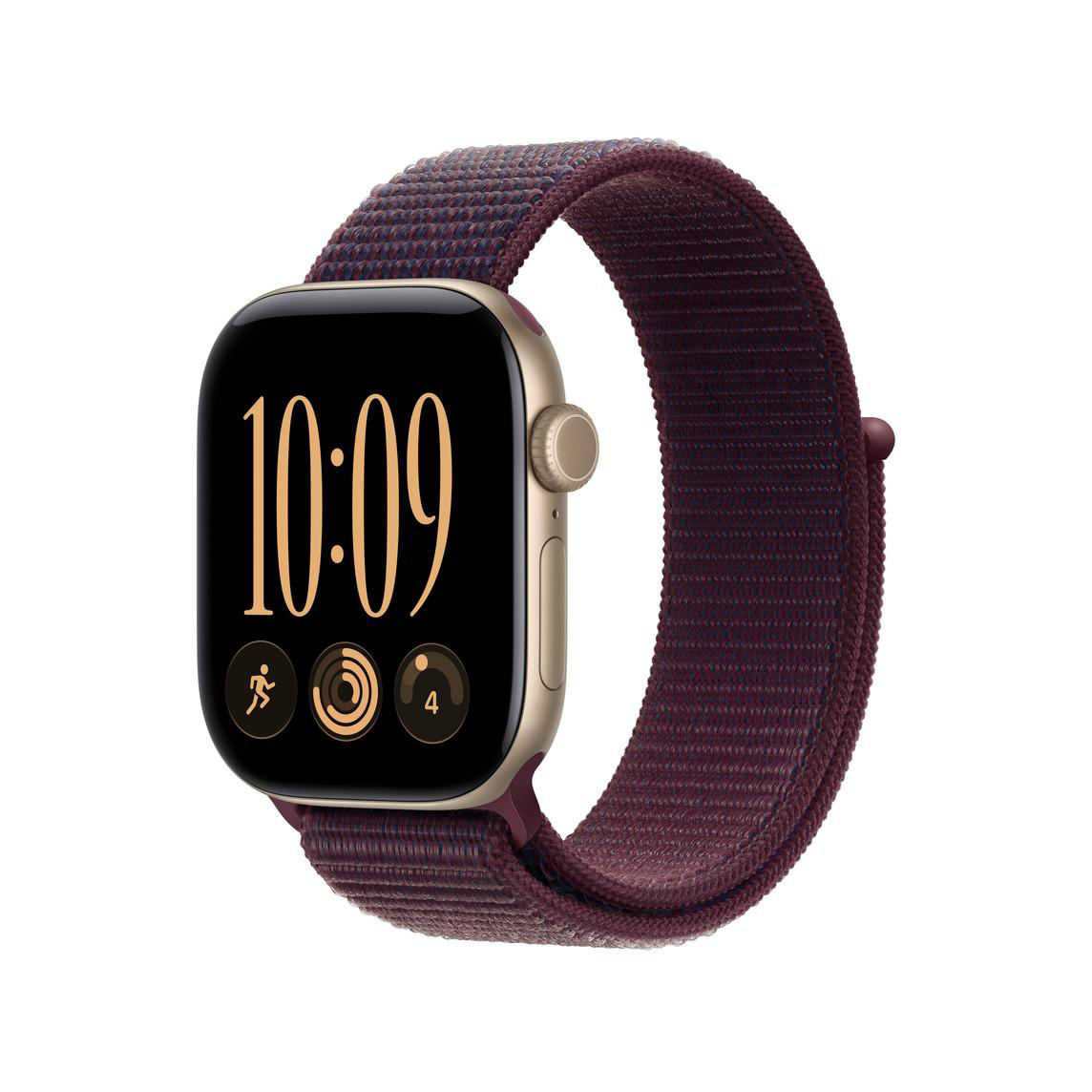 Eine goldene Smartwatch mit dunklem Stoffarmband zeigt auf dem schwarzen Display die Uhrzeit 10:09 Uhr an.
