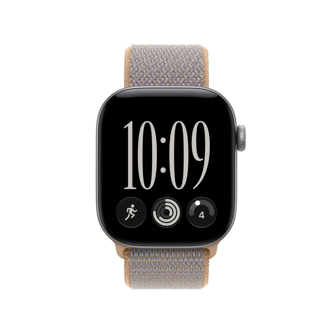 Eine Smartwatch mit braun-violettem Nylonarmband und schwarzem Display, das 10:09 anzeigt.