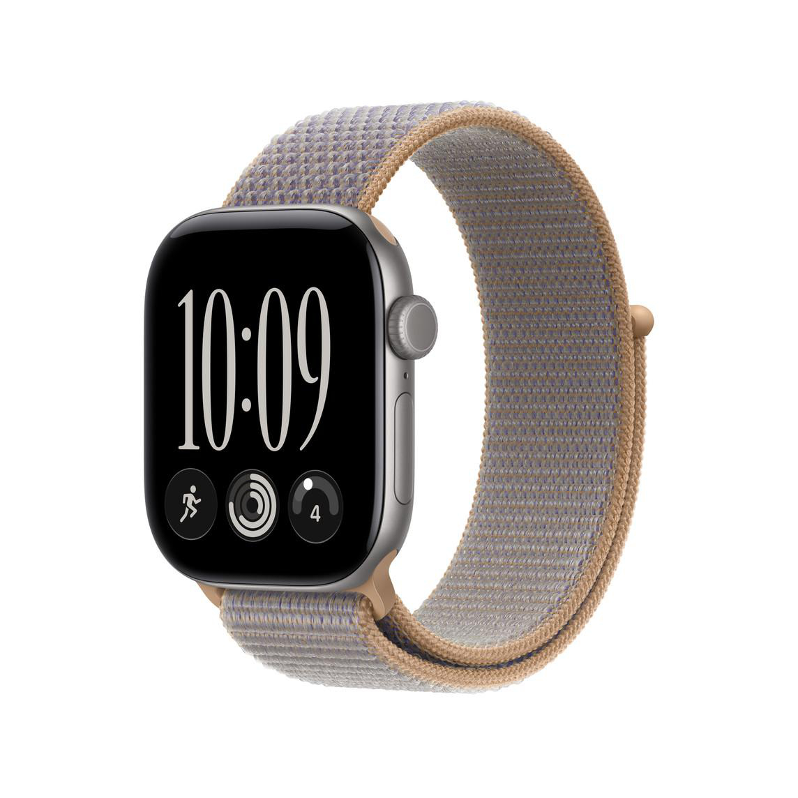 Eine silberne Smartwatch mit grau-braunem Nylonarmband und schwarzem Display auf weißem Hintergrund.