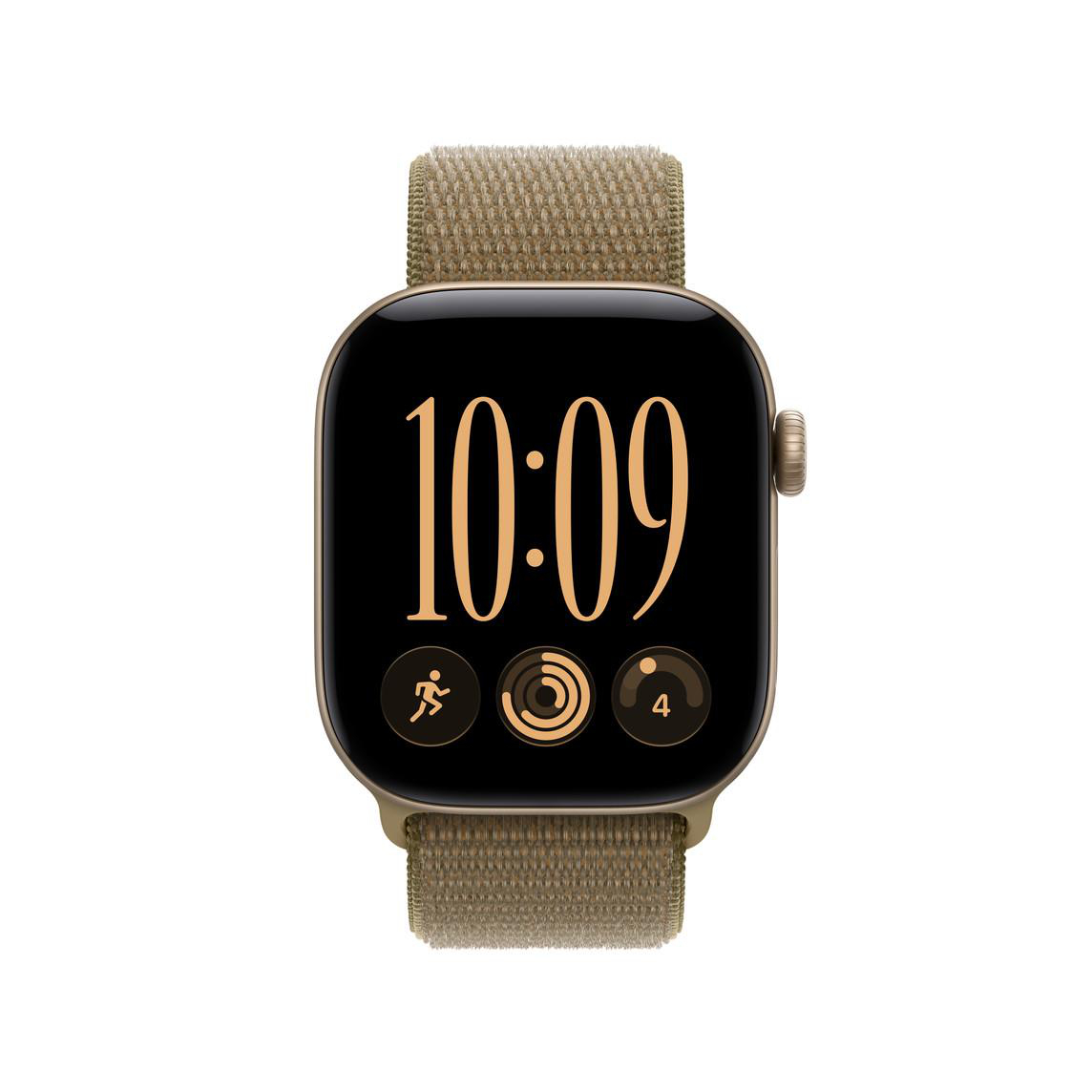 Eine goldene Smartwatch mit beige gewebtem Armband und digitaler Anzeige von 10:09 Uhr und Aktivitätsringen.