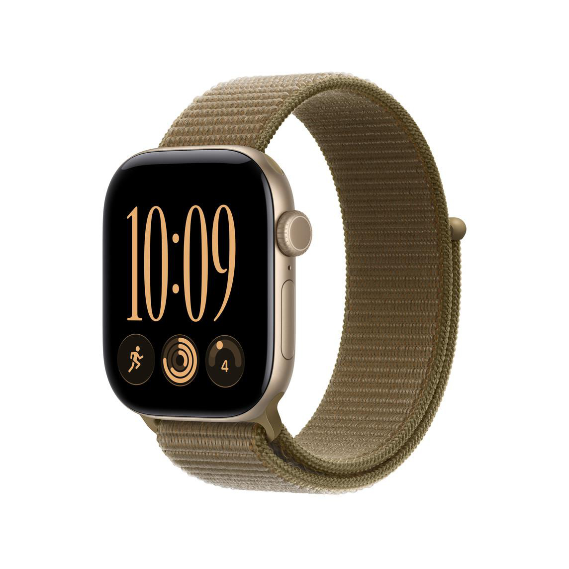 Eine goldene Smartwatch mit olivgrünem Textilarmband und digitaler Anzeige 10:09 vor weißem Hintergrund.