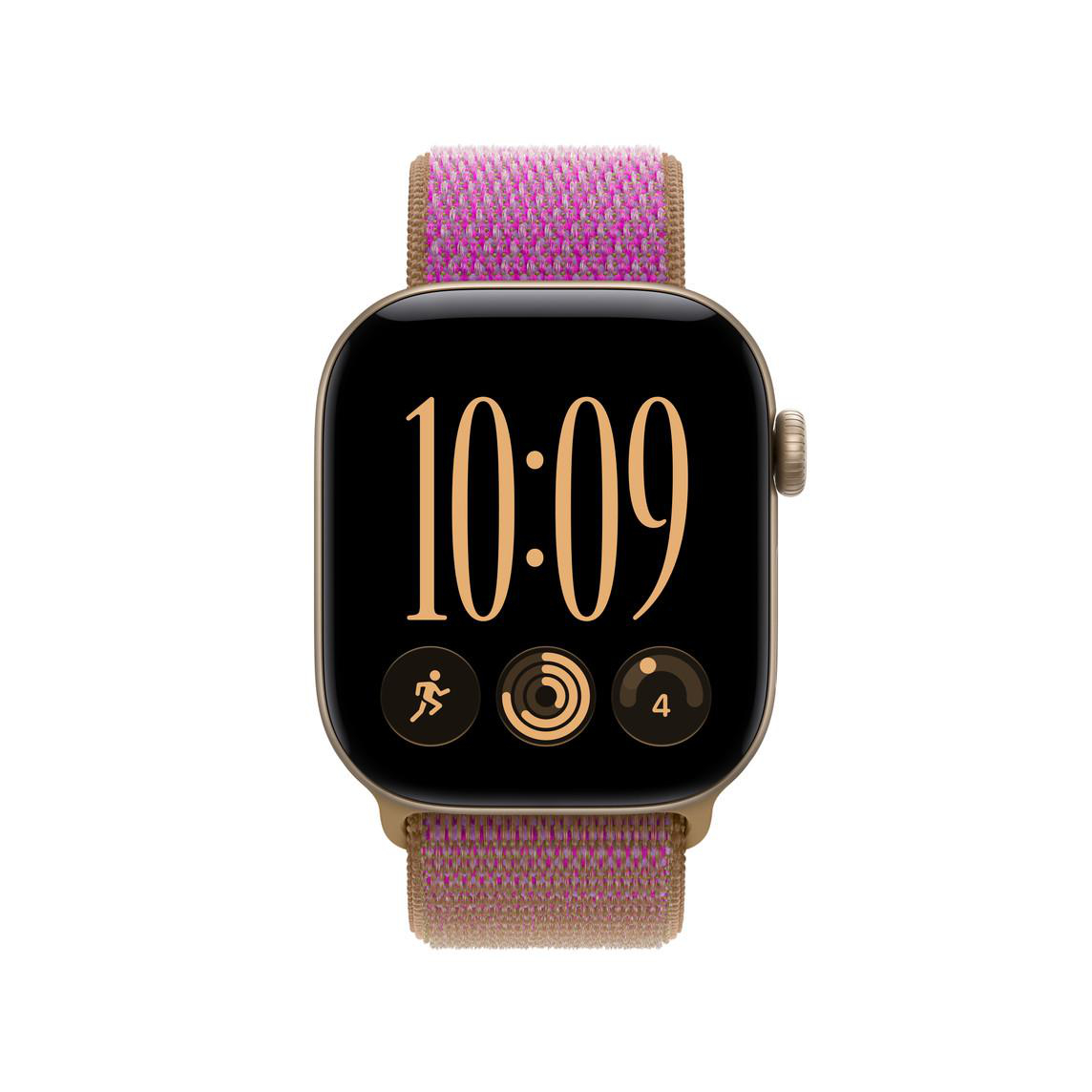 Eine Smartwatch mit braunem und rosafarbenem Stoffarmband und schwarzem Display mit der Uhrzeit 10:09.