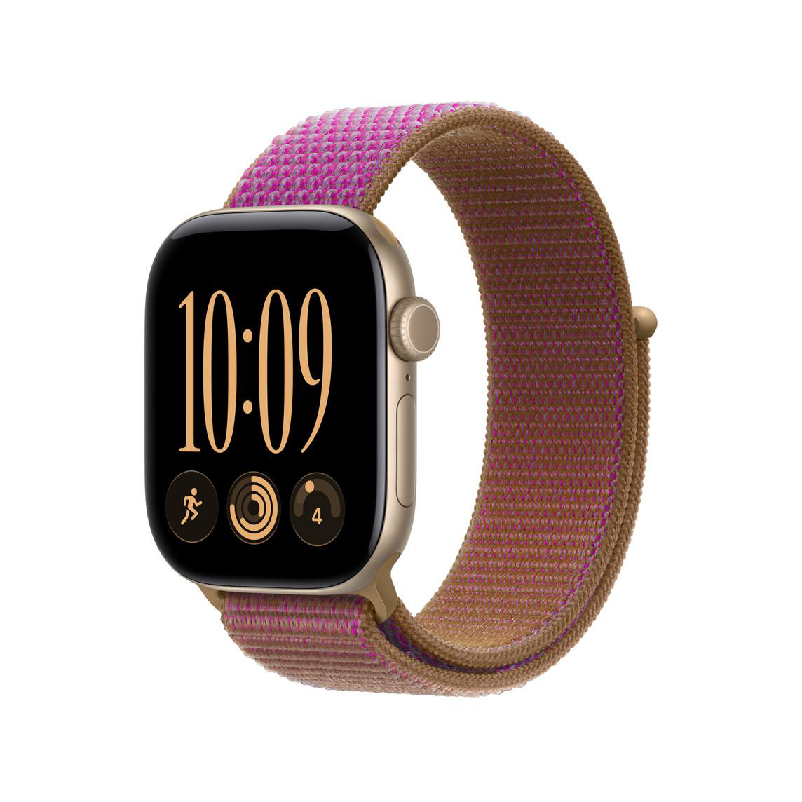 Eine Smartwatch mit einem goldenen Gehäuse und einem braun-pinken Textilarmband zeigt 10:09 Uhr an.
