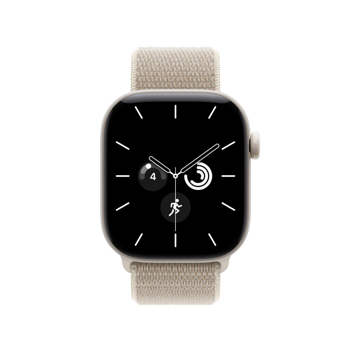 Eine beigefarbene Smartwatch mit Stoffarmband und schwarzem Display zeigt Uhrenzeiger und Fitness-Icons.