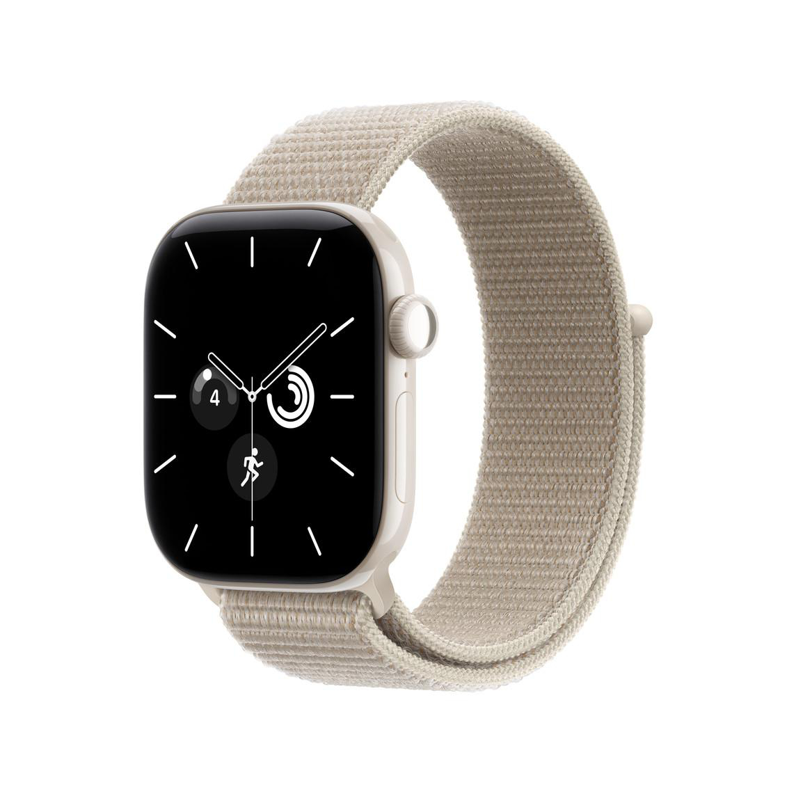 Beigefarbene Smartwatch mit Stoffarmband und schwarzem Display auf weißem Hintergrund.