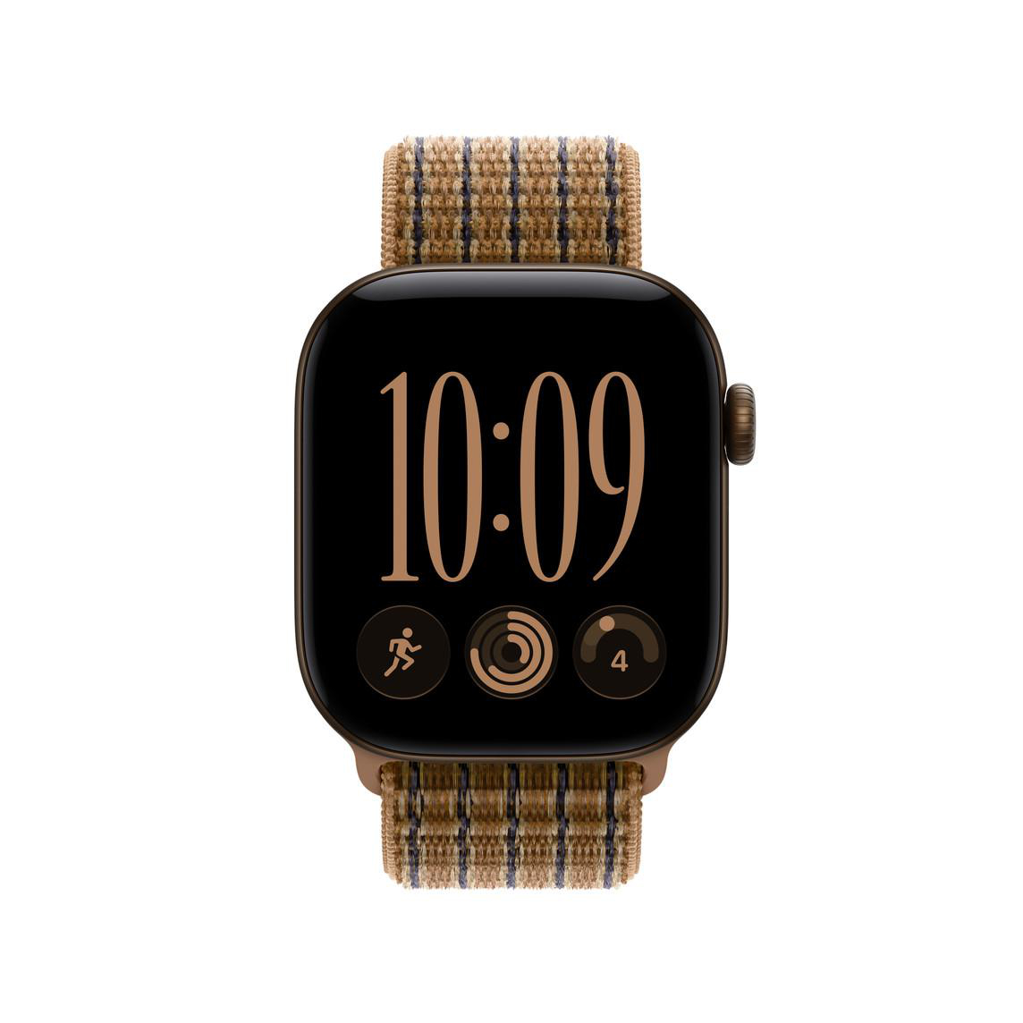 Eine Smartwatch mit braunem Gehäuse und einem gestreiften Nylonarmband zeigt die Uhrzeit 10:09 und Aktivitäts-Icons.