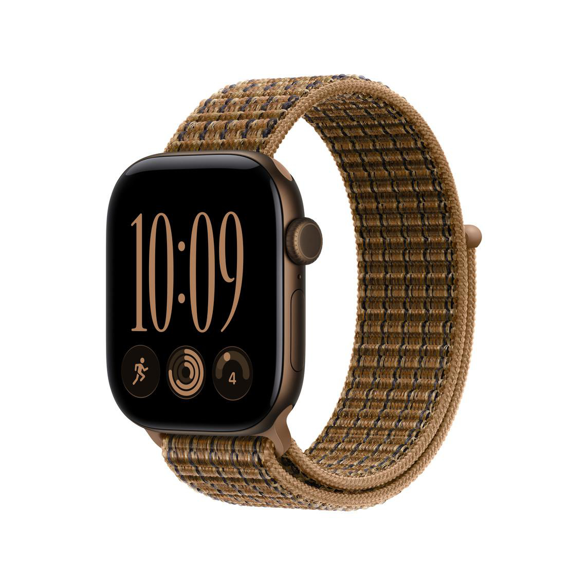 Eine Apple Watch mit braunem Gehäuse und einem gewebten braunen Sport Loop Armband, das 10:09 anzeigt.