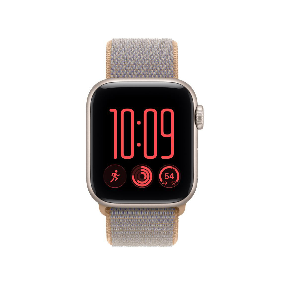 Smartwatch mit goldenem Gehäuse und grau-beige gewebtem Armband. Das Display zeigt die Zeit 10:09 und Fitnessdaten.