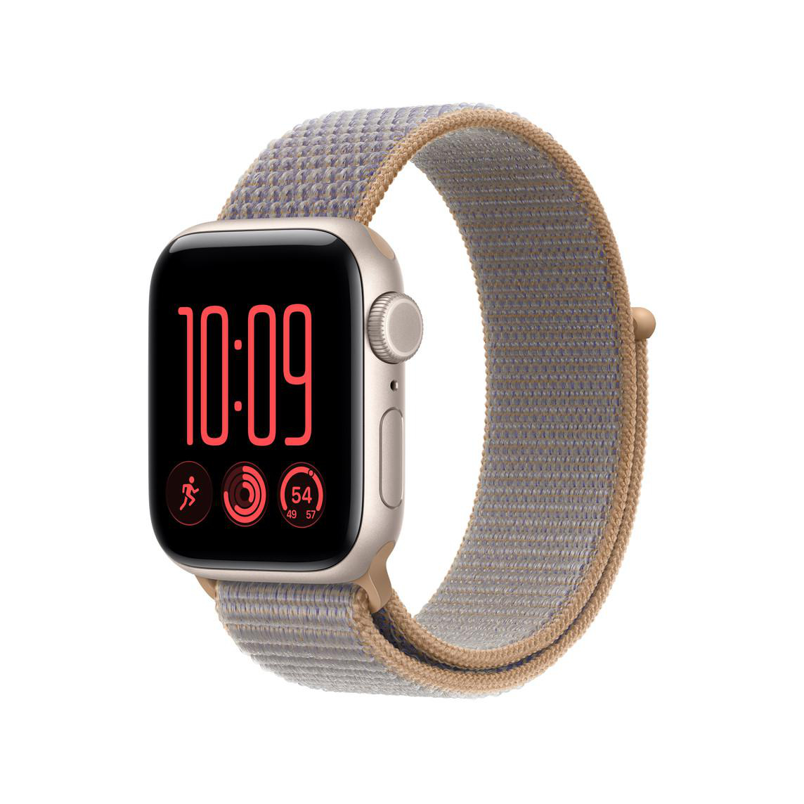 Eine goldene Smartwatch mit braun-grauem Textilarmband zeigt auf dem schwarzen Display das Datum und Fitness-Symbole.