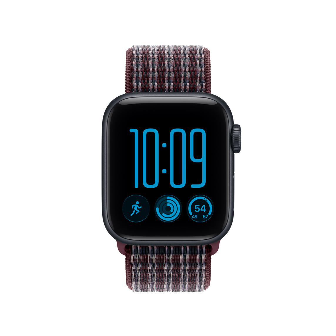 Eine Smartwatch mit dunklem Gehäuse, strukturiertem rot-braunem Armband und Digitaldisplay mit Uhrzeit 10:09 und Fitness-Symbolen.