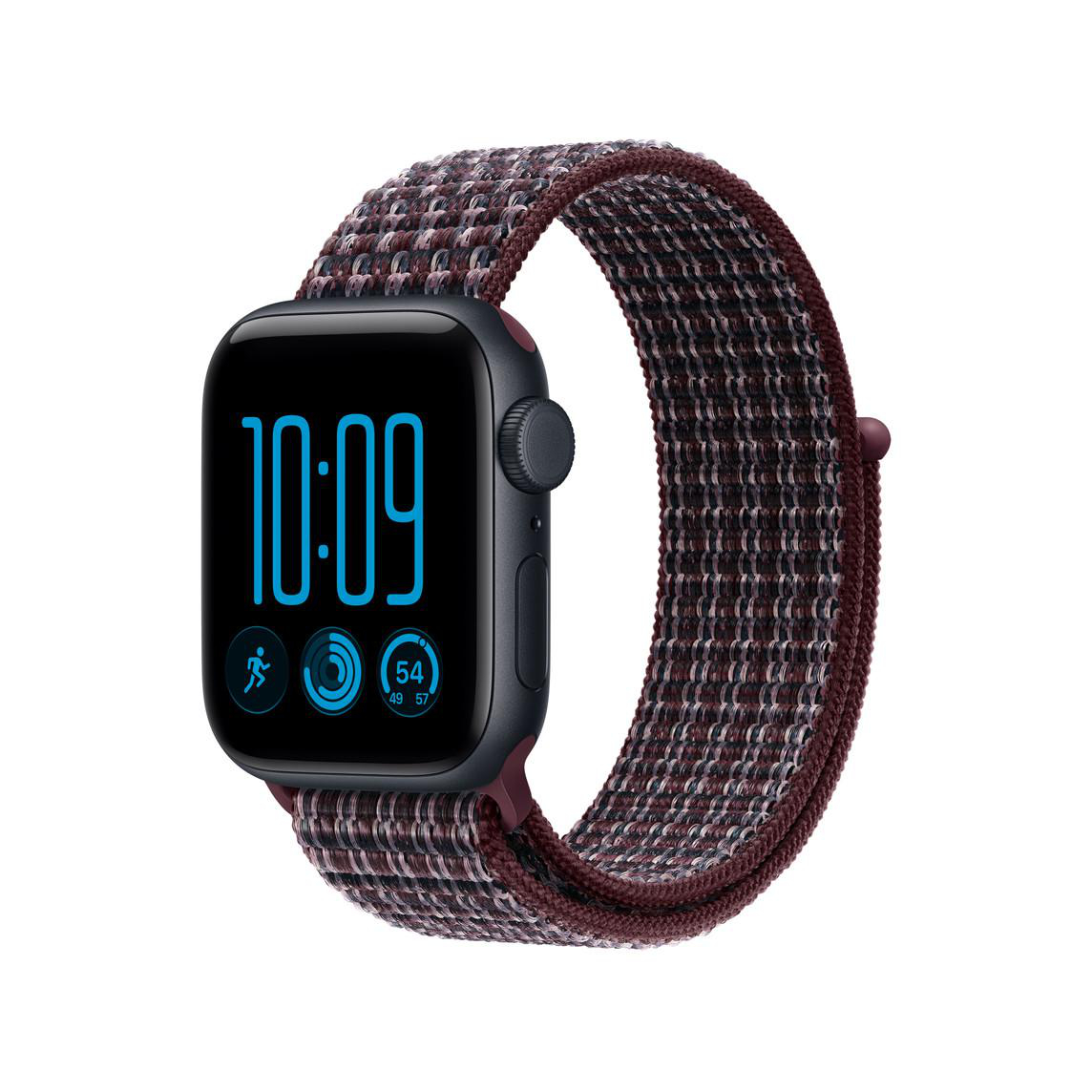 Smartwatch mit dunklem Gehäuse und gewebtem, burgunderrotem und schwarzem Armband, zeigt 10:09 Uhr und blaue Fitness-Symbole.