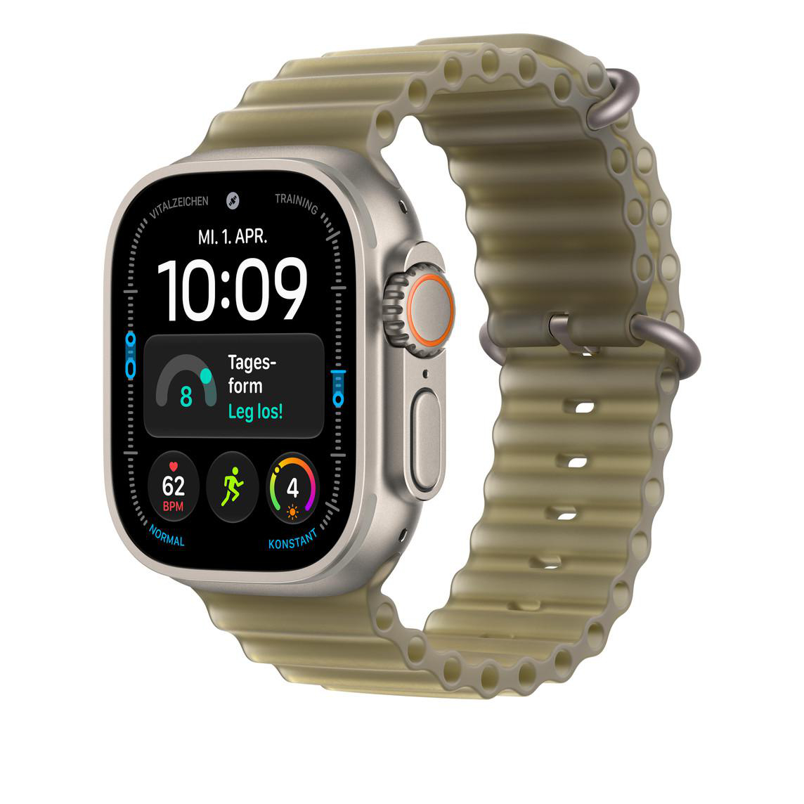Eine Apple Watch Ultra mit beigem, geripptem Silikonarmband, digitalem Zifferblatt und Fitnessdaten.
