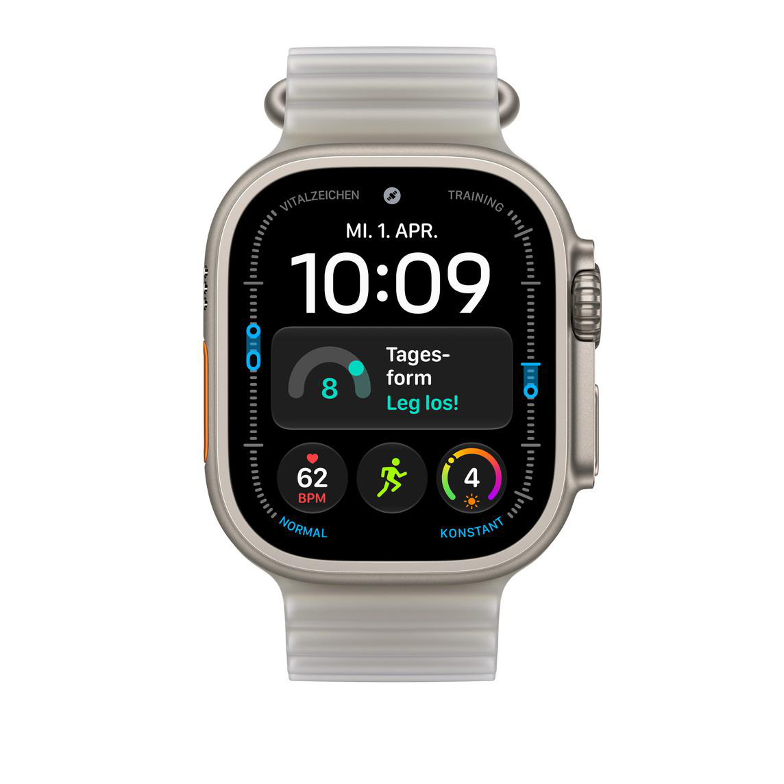 Smartwatch mit digitalem Zifferblatt, Herzfrequenzanzeige und Trainings-App auf hellem Hintergrund.