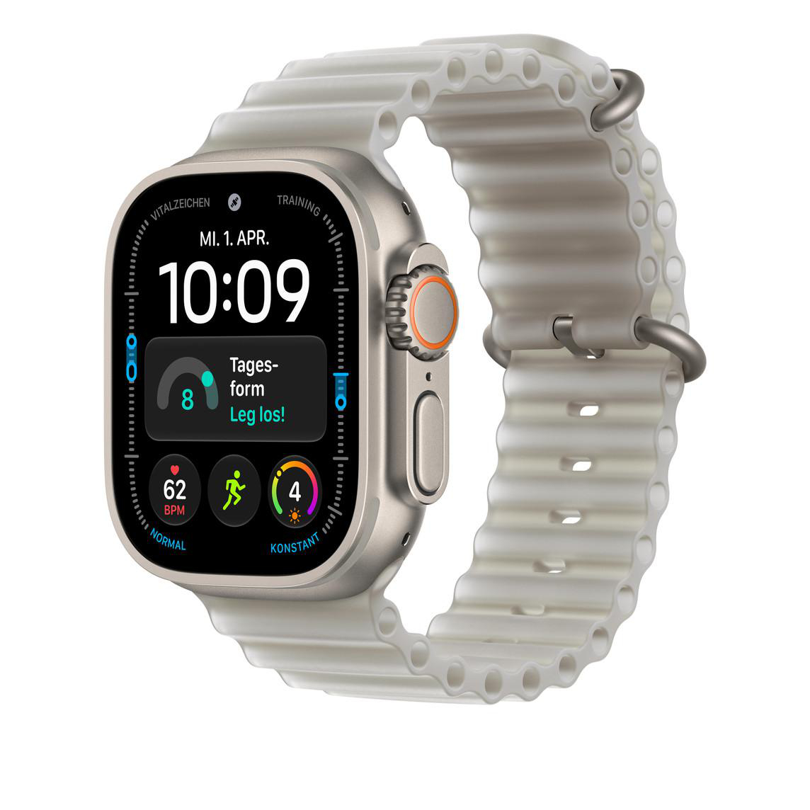 Eine Smartwatch mit digitalem Zifferblatt und einem gerippten, hellen Silikonarmband vor weißem Hintergrund.