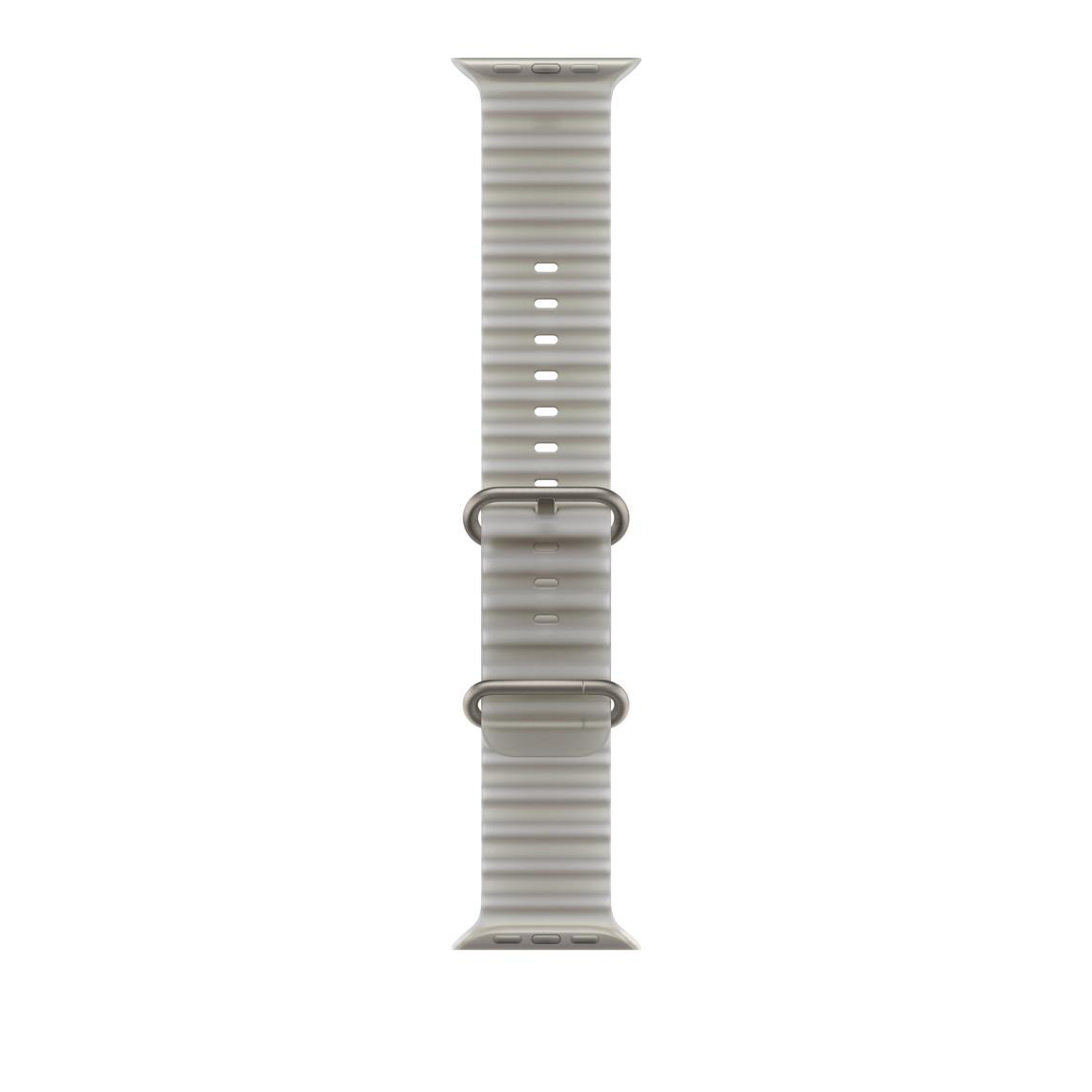 Beige, gerippte Apple Watch Ocean Loop Armband mit zwei Metallschlaufen vor weißem Hintergrund.