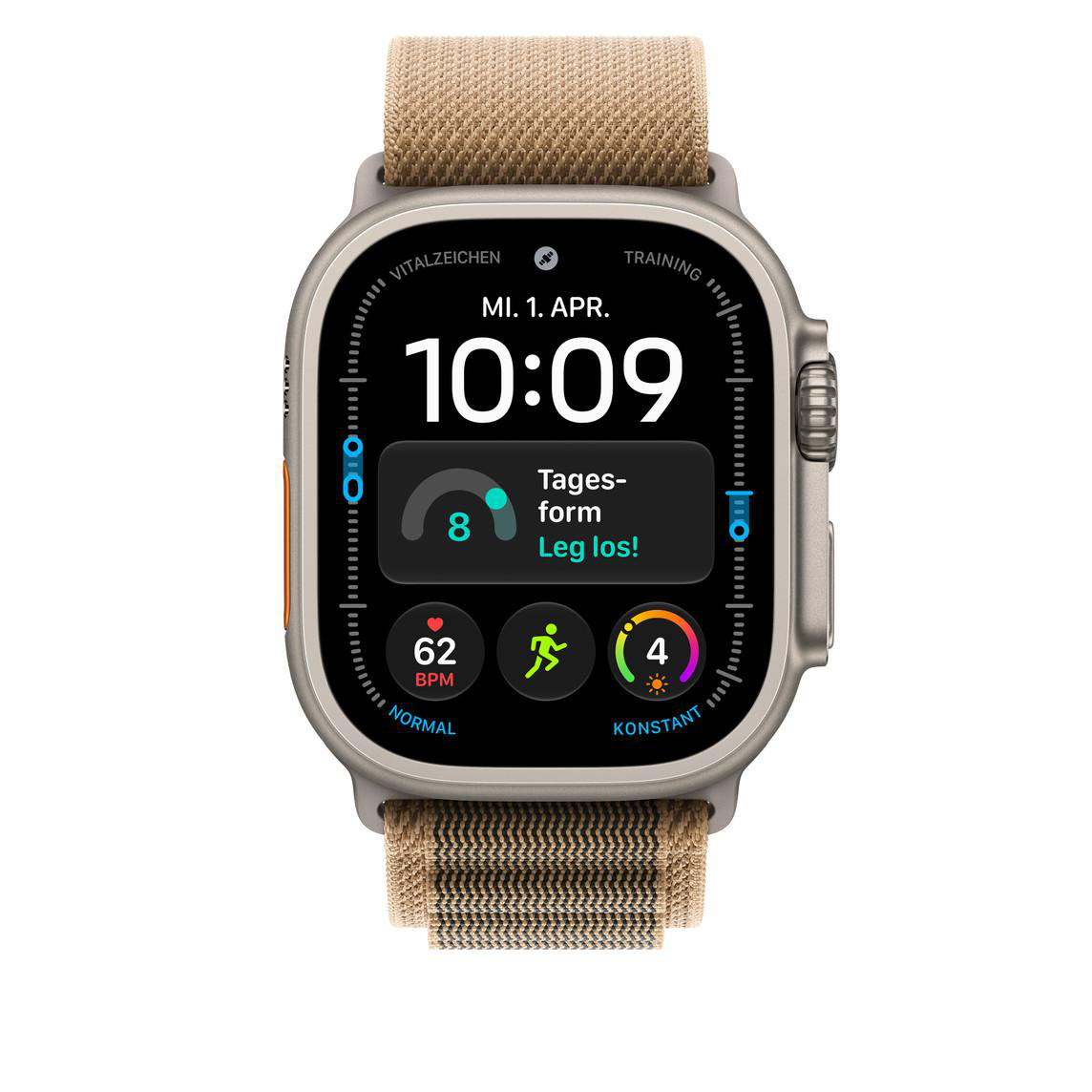 Eine Smartwatch mit einem beigen Textilarmband und schwarzem Display, das Uhrzeit und Gesundheitsdaten anzeigt.