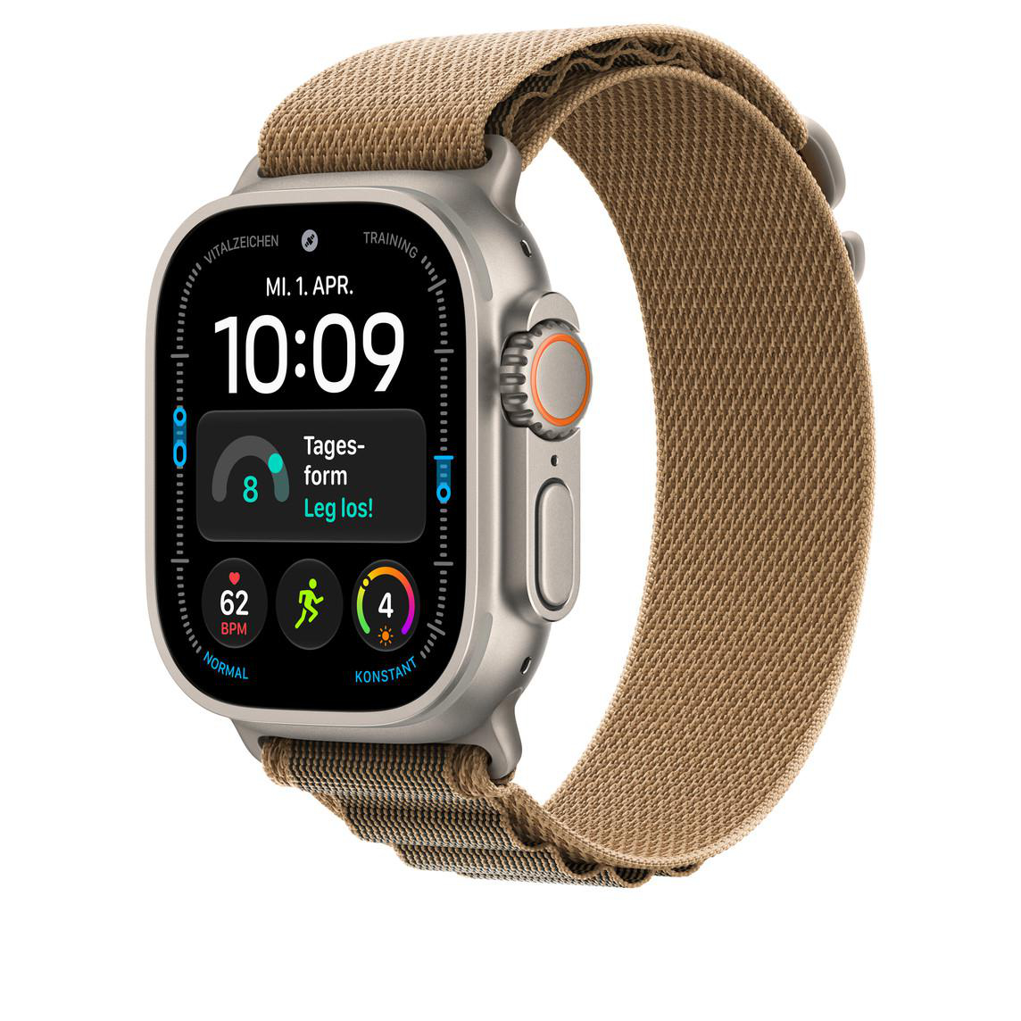 Eine Smartwatch mit braunem Stoffarmband und digitalem Zifferblatt auf weißem Hintergrund.