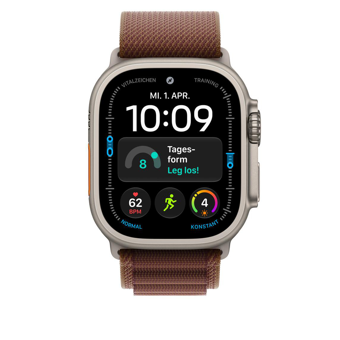 Eine Smartwatch mit braunem Armband zeigt die Uhrzeit 10:09, Herzfrequenz und Fitnessdaten auf dem Display.