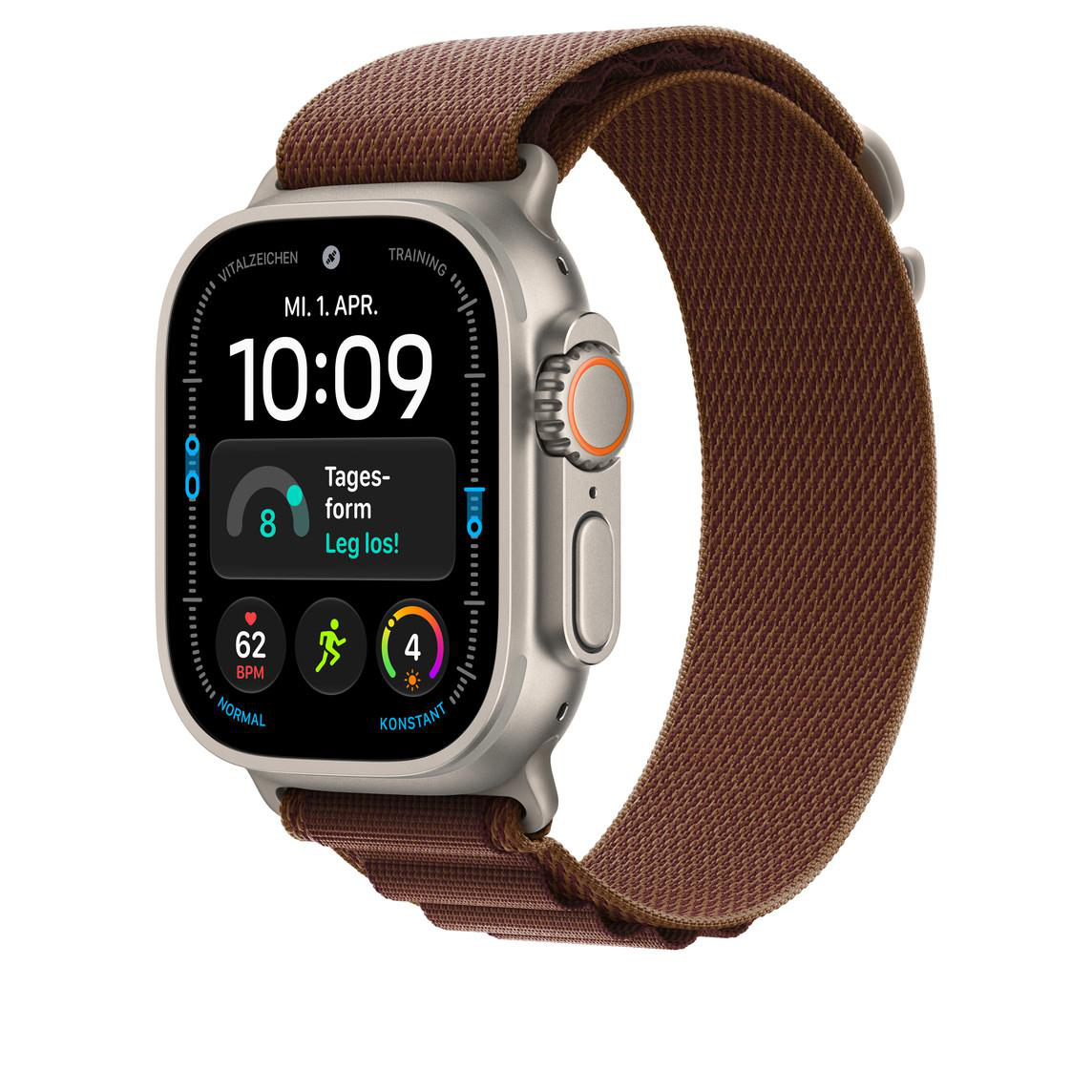 Eine Smartwatch mit silbernem Gehäuse, digitalem Zifferblatt und einem braunen Stoffarmband auf weißem Hintergrund.