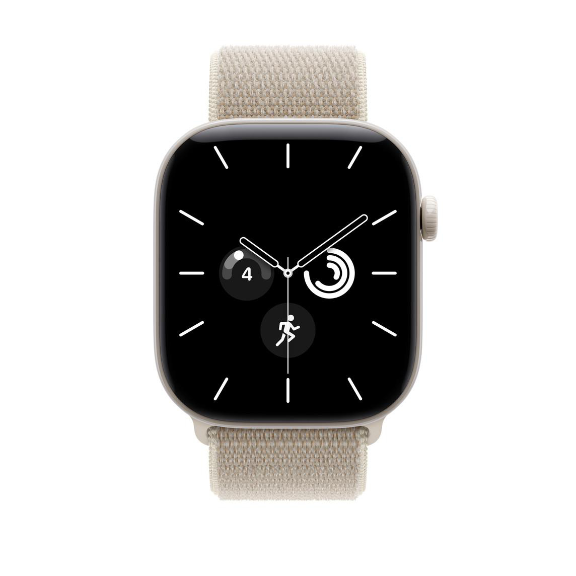 Eine elegante Smartwatch mit beigem Stoffarmband und schwarzem Zifferblatt, auf weißem Hintergrund.