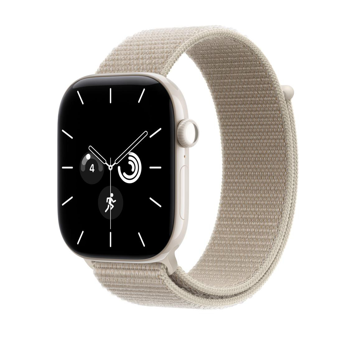 Eine beige Apple Watch mit Stoffarmband und schwarzem Display auf weißem Hintergrund.