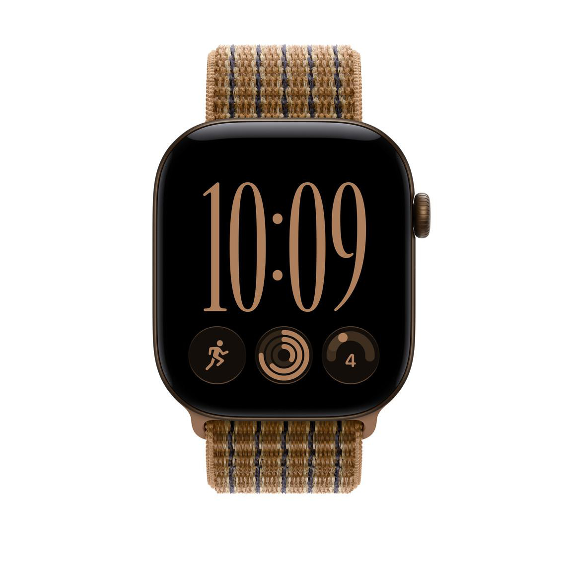 Eine Smartwatch mit braunem Stoffarmband zeigt das Datum 10:09 und Fitness-Symbole auf dem schwarzen Display.