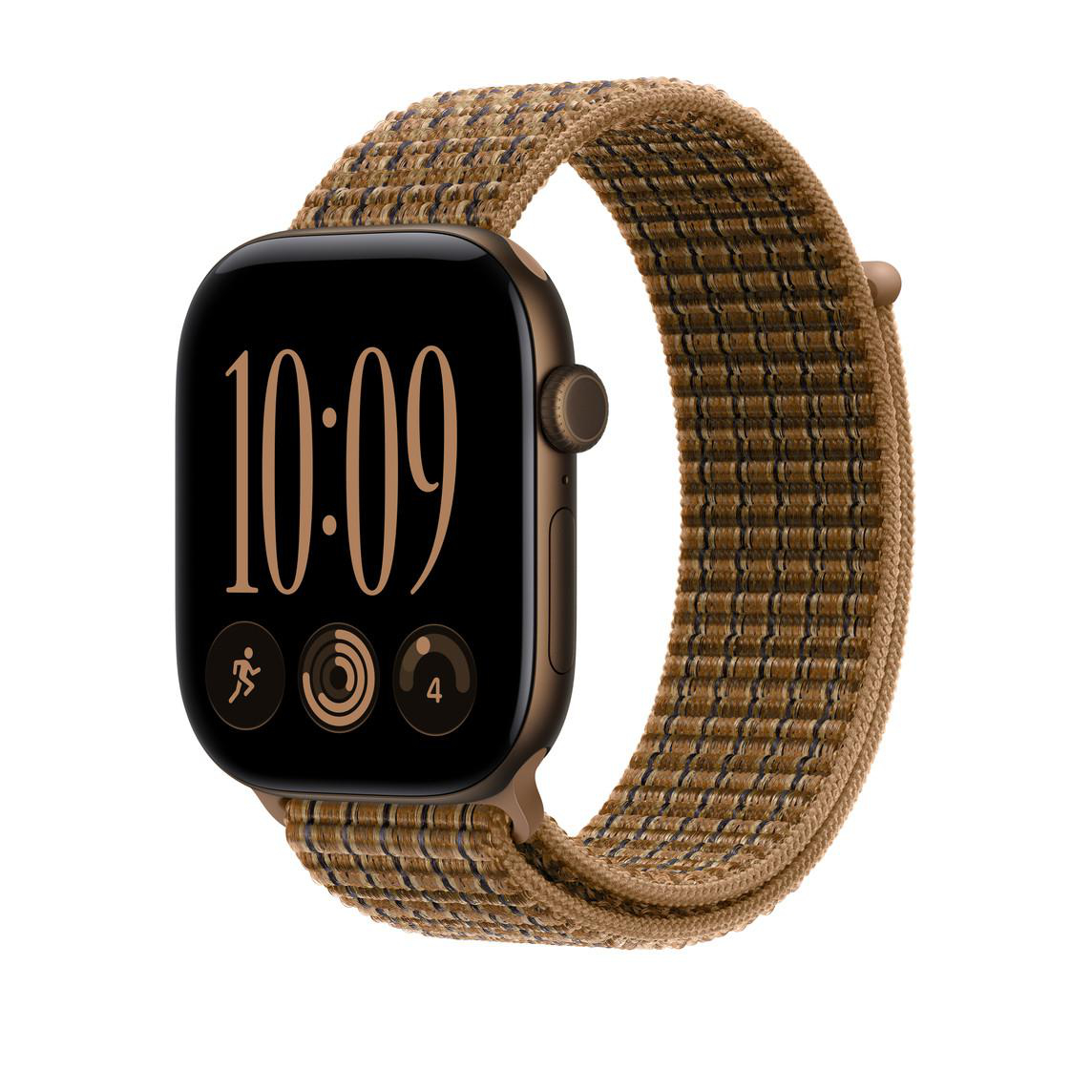 Eine Smartwatch mit braunem Gehäuse und einem gewebten braunen Armband zeigt die Uhrzeit 10:09 auf dem Bildschirm.