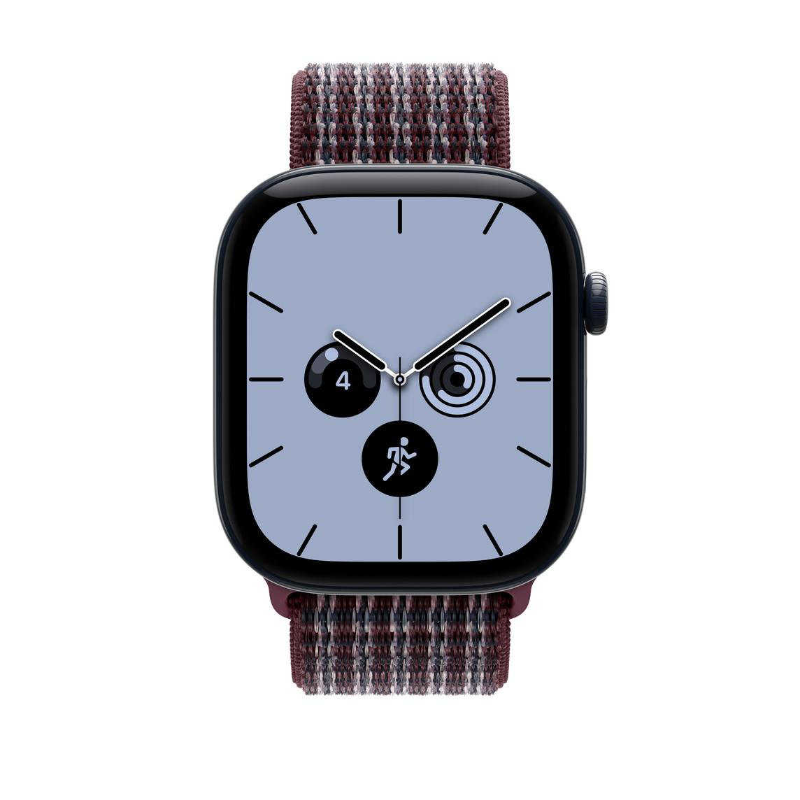 Eine Smartwatch mit dunklem Gehäuse, analogem Zifferblatt und einem gemusterten, dunkelroten Textilarmband.