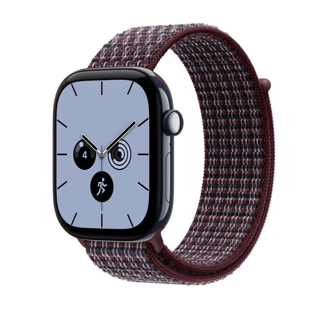 Smartwatch mit dunkelblauem Gehäuse und gemustertem, dunkelrotem Stoffarmband auf weißem Hintergrund.