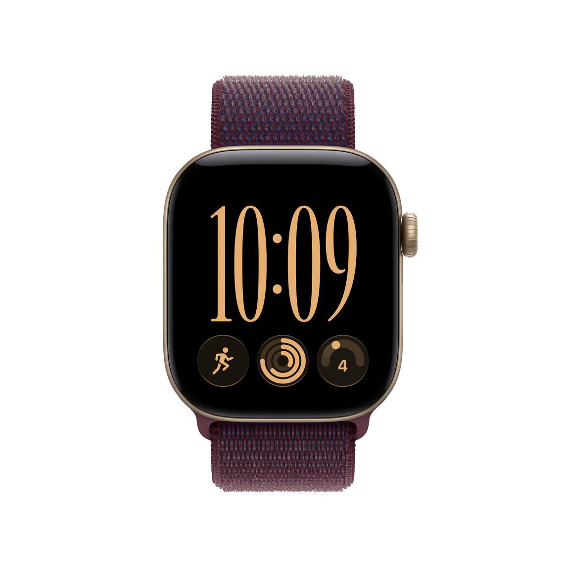 Eine Smartwatch mit bronzefarbenem Gehäuse, dunkelrotem Stoffarmband und digitaler Anzeige der Uhrzeit 10:09.