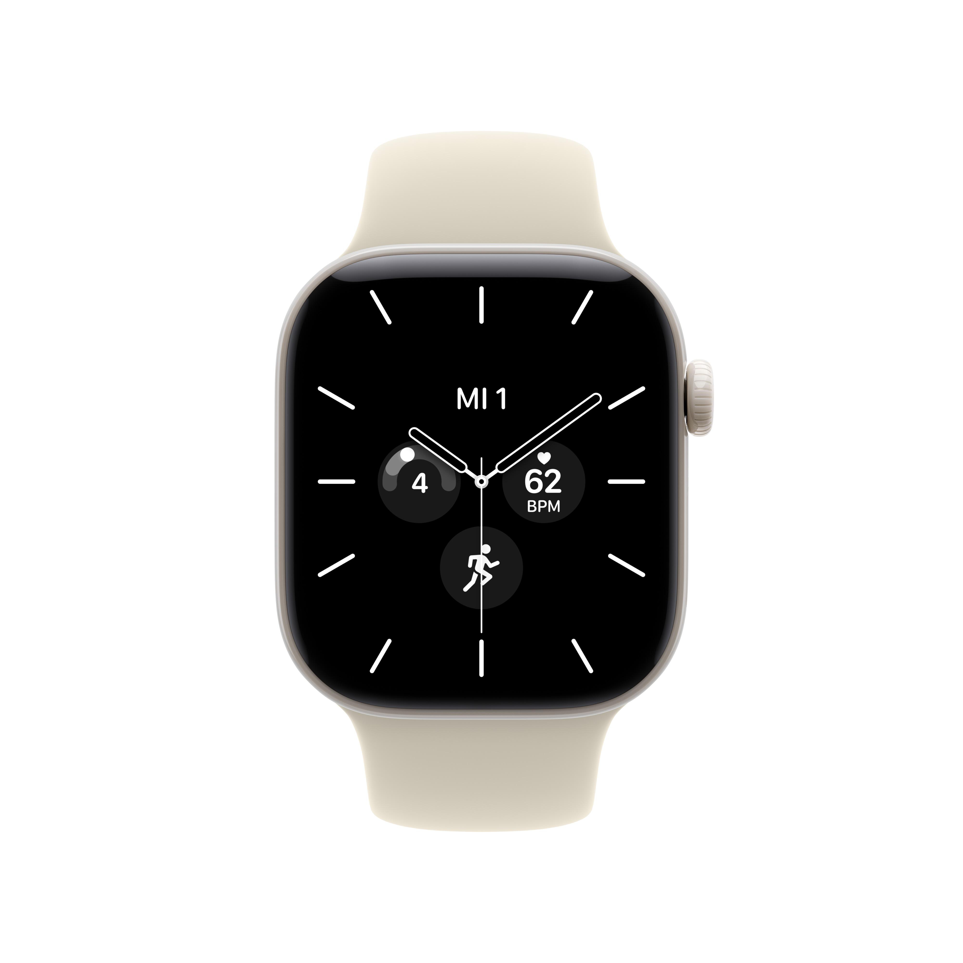 Eine cremefarbene Smartwatch mit schwarzem Display, weißen Zeigern und Fitness-Widgets.