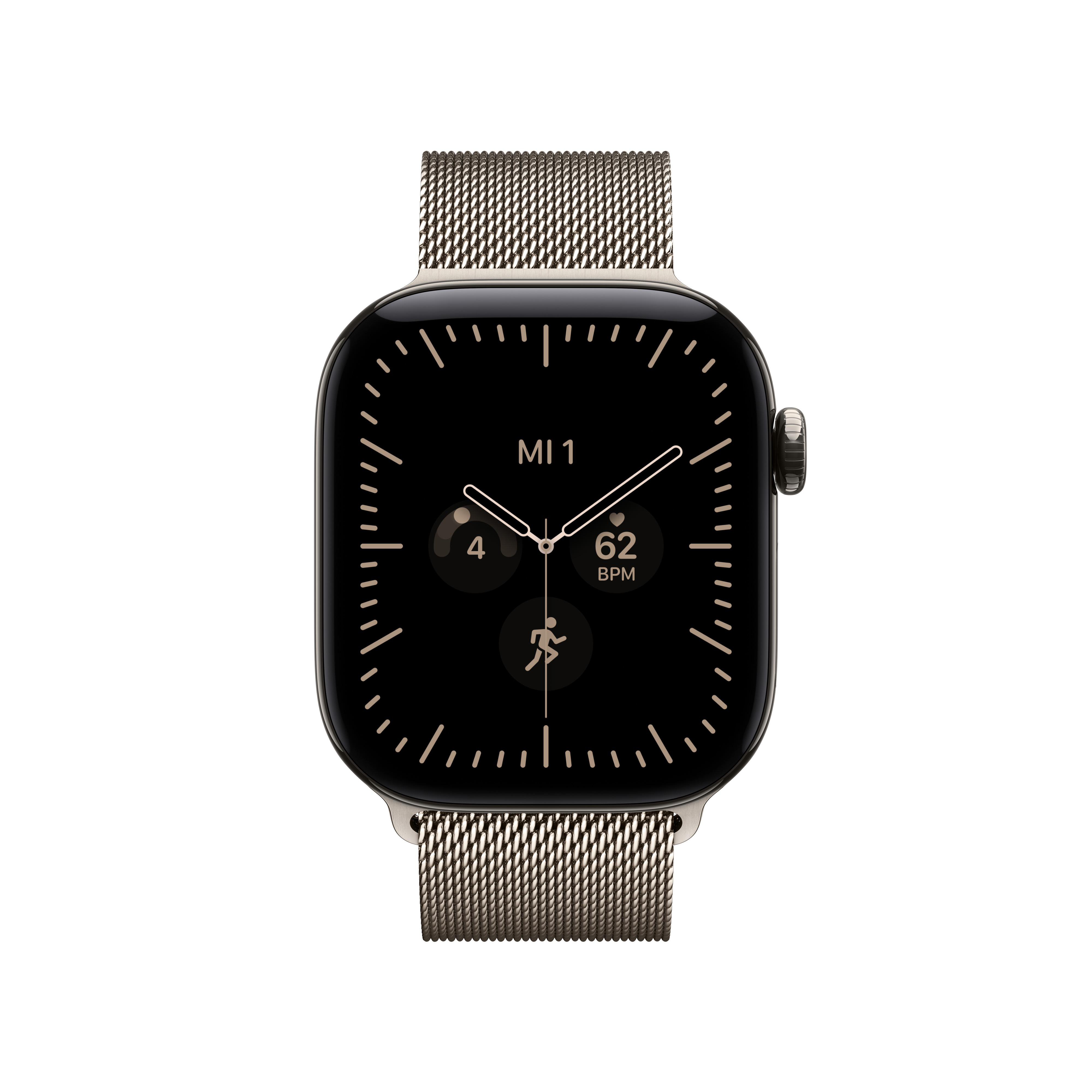 Smartwatch mit schwarzem Zifferblatt und metallenem Mesh-Armband.