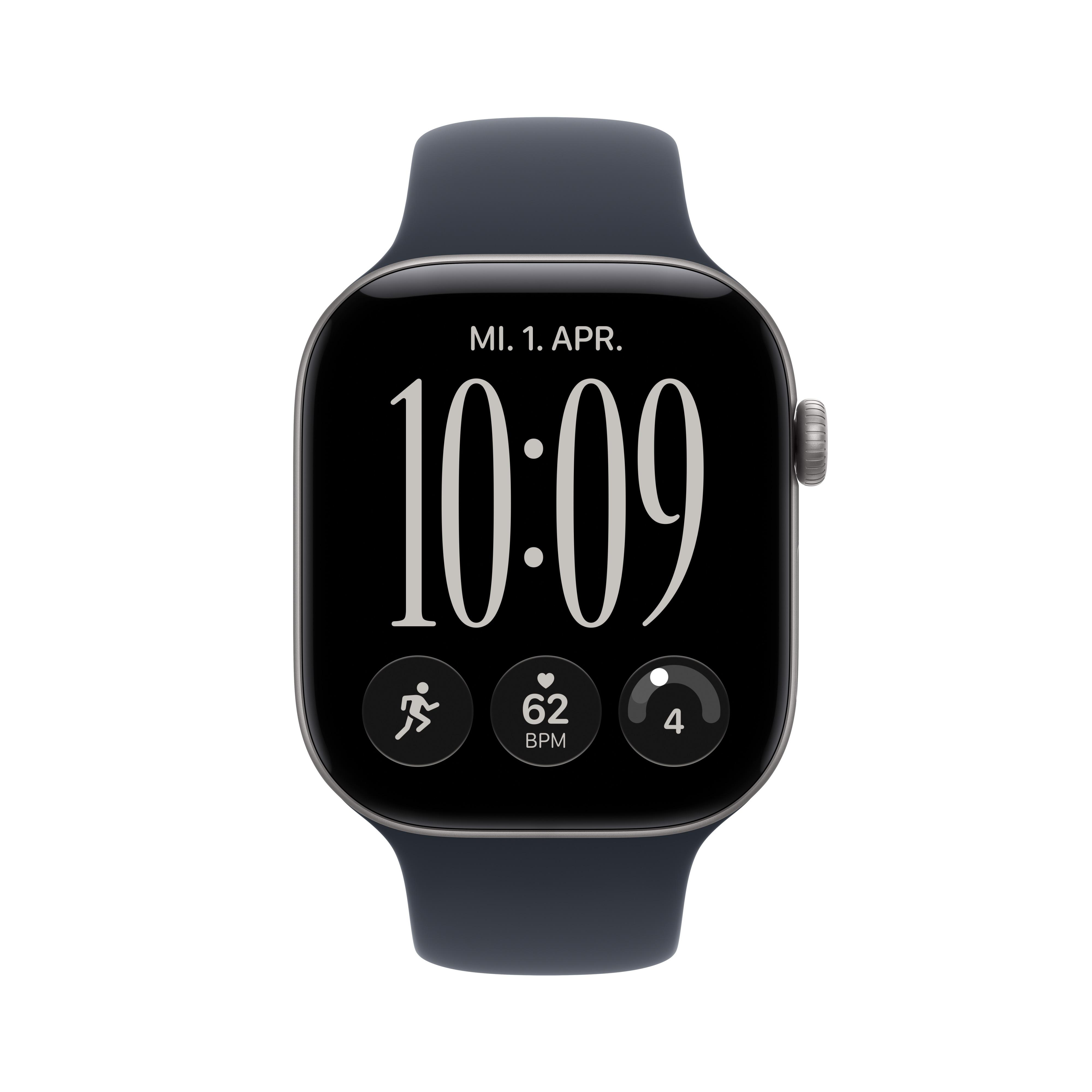 Eine schwarze Smartwatch mit digitaler Anzeige, die 10:09 Uhr und Gesundheitsdaten zeigt.
