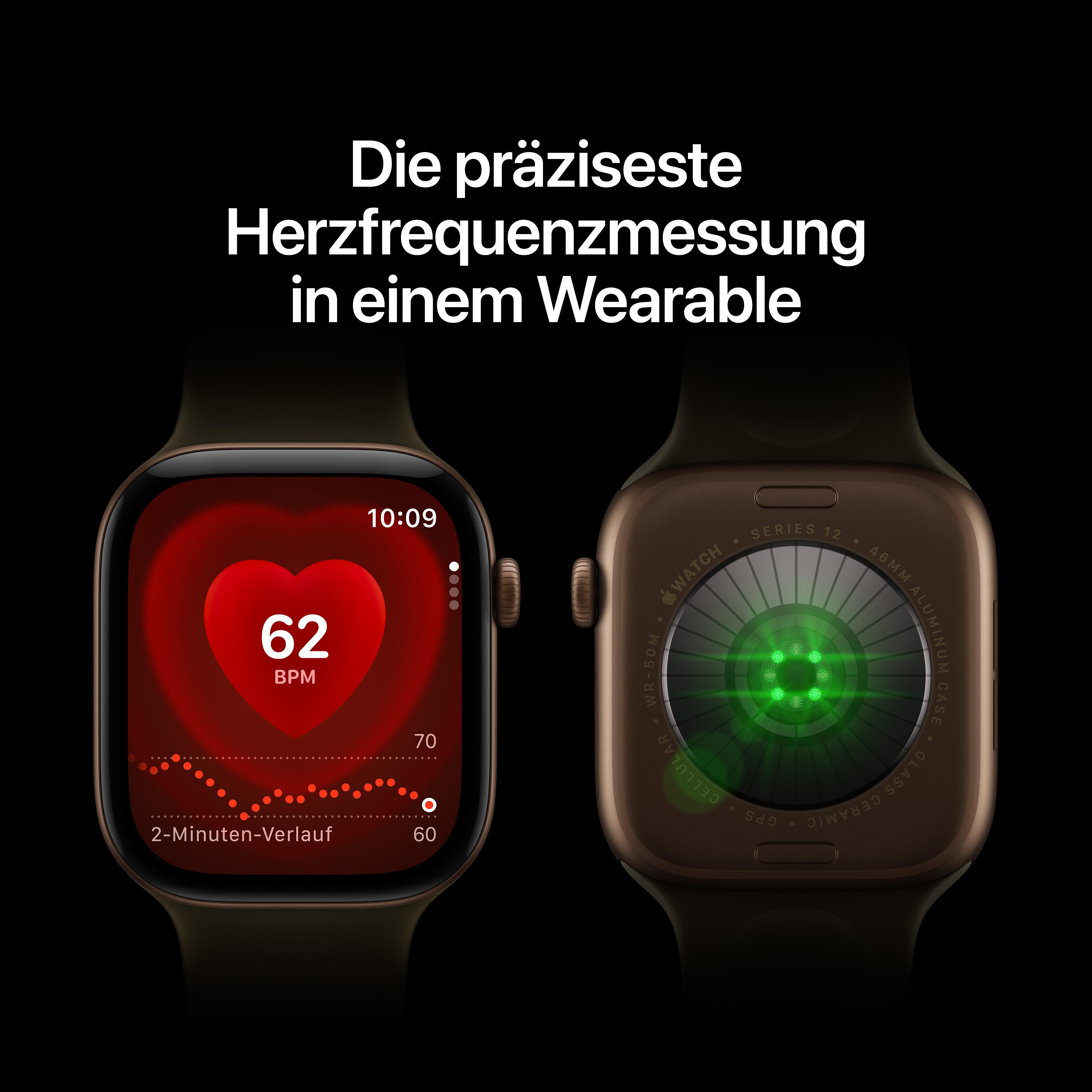 Zwei goldene Apple Watches zeigen Herzfrequenz und grüne Sensoren vor schwarzem Hintergrund mit deutschem Werbetext.