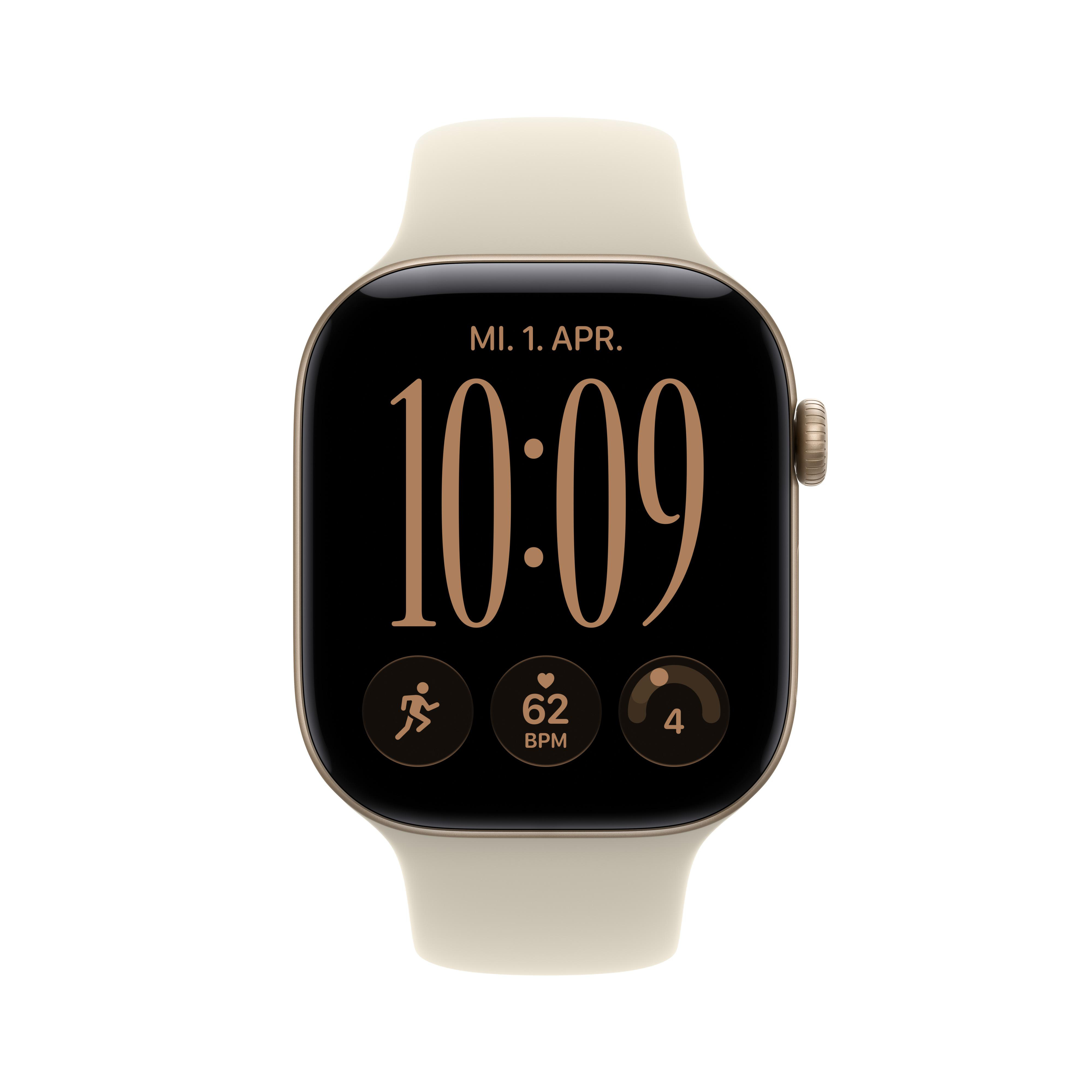 Goldene Smartwatch mit hellem Silikonarmband, schwarzem Display, das 10:09 Uhr und Fitnessdaten zeigt.