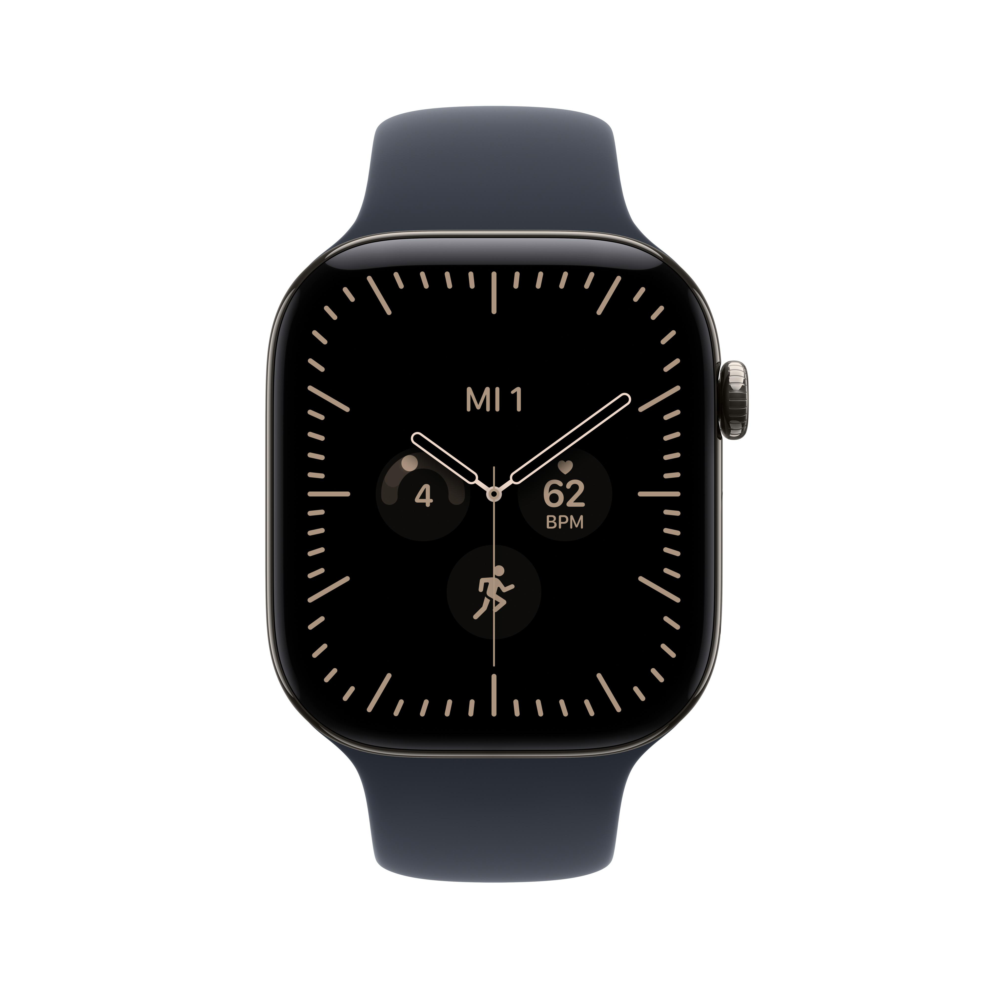Eine schwarze Smartwatch mit dunklem Armband und Zifferblatt mit Gesundheitsdaten auf weißem Hintergrund.
