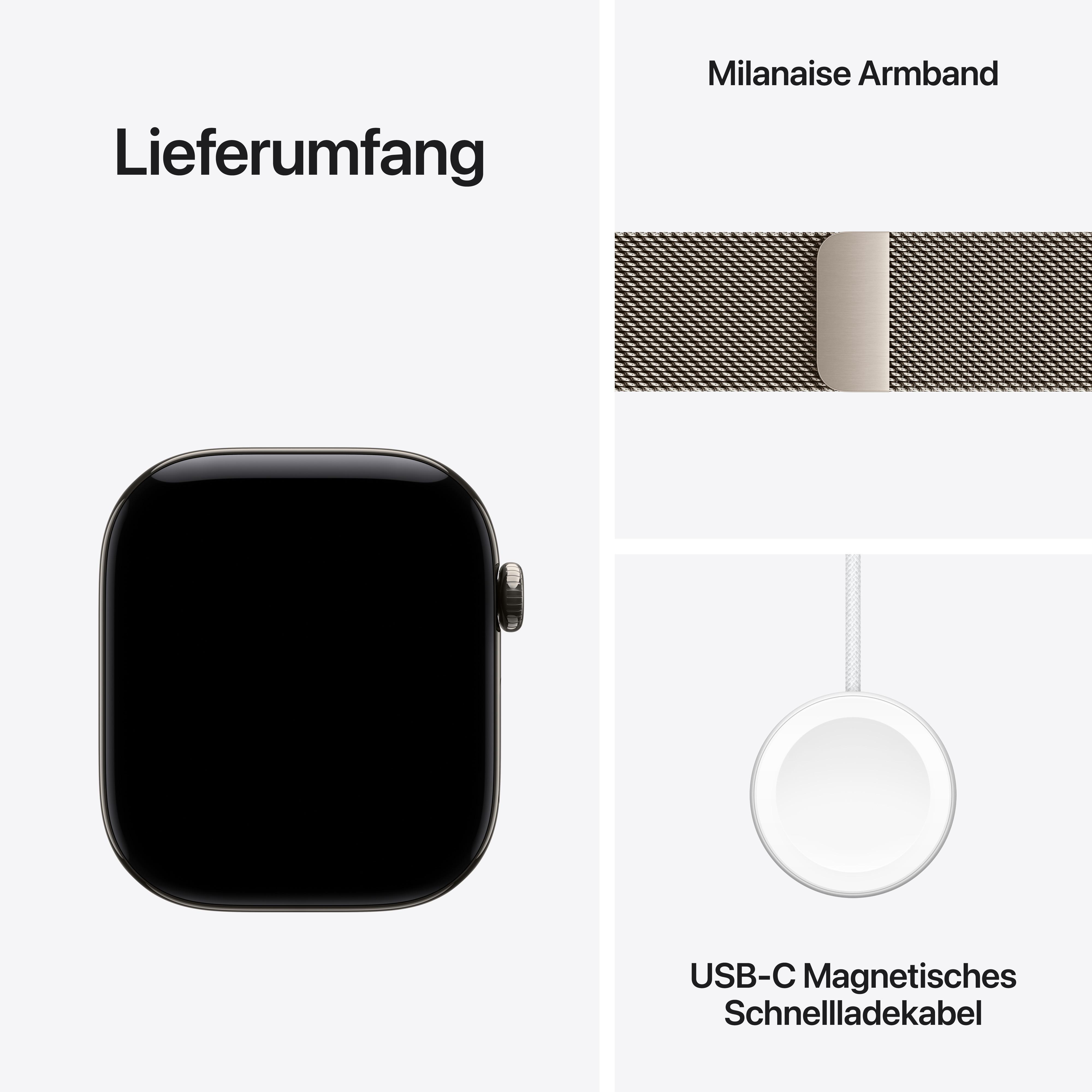 Lieferumfang: Smartwatch, Milanaise Armband und USB-C Magnetisches Schnellladekabel.