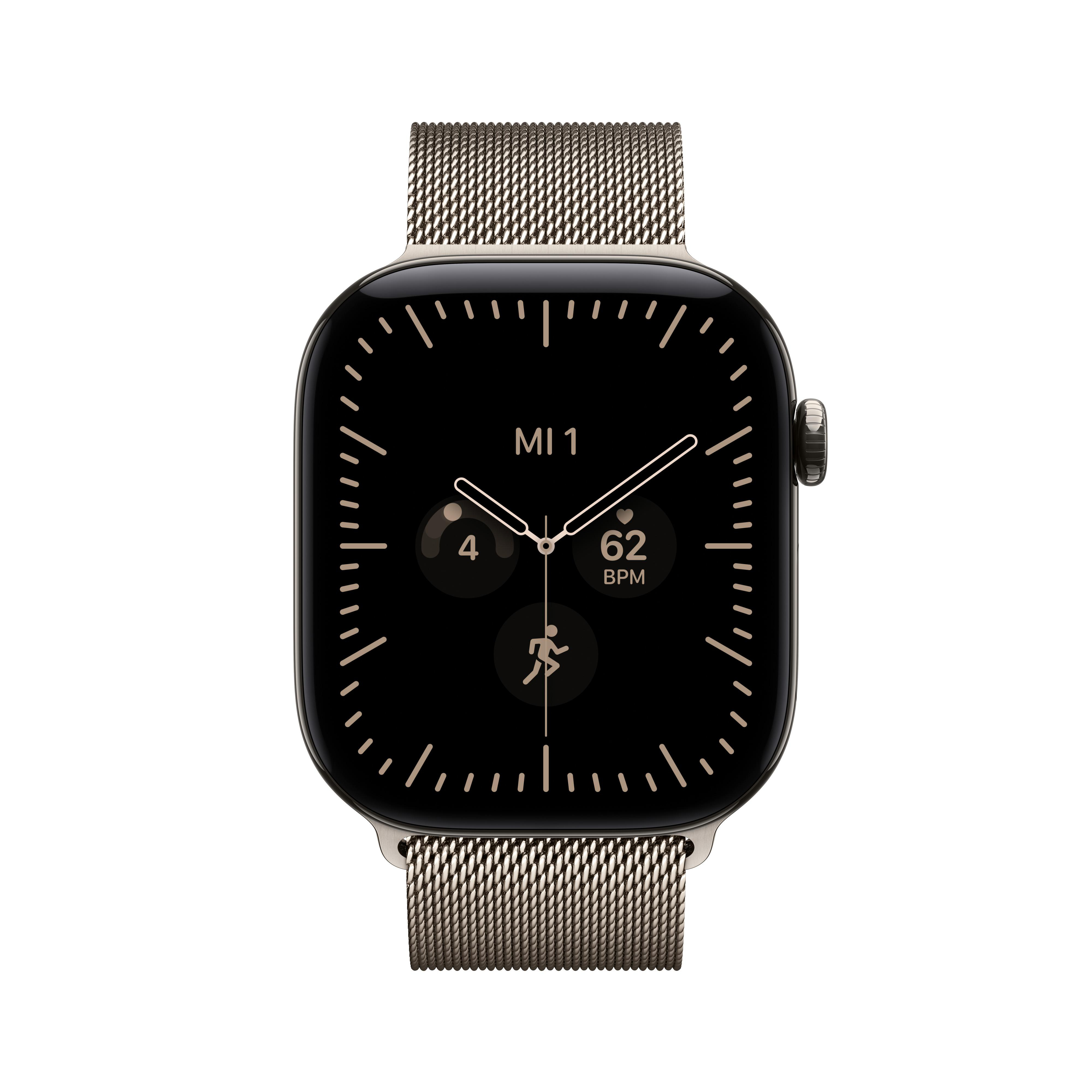 Eine Smartwatch mit Metall-Mesh-Armband und schwarzem Zifferblatt zeigt Uhrzeit, Datum und Puls.