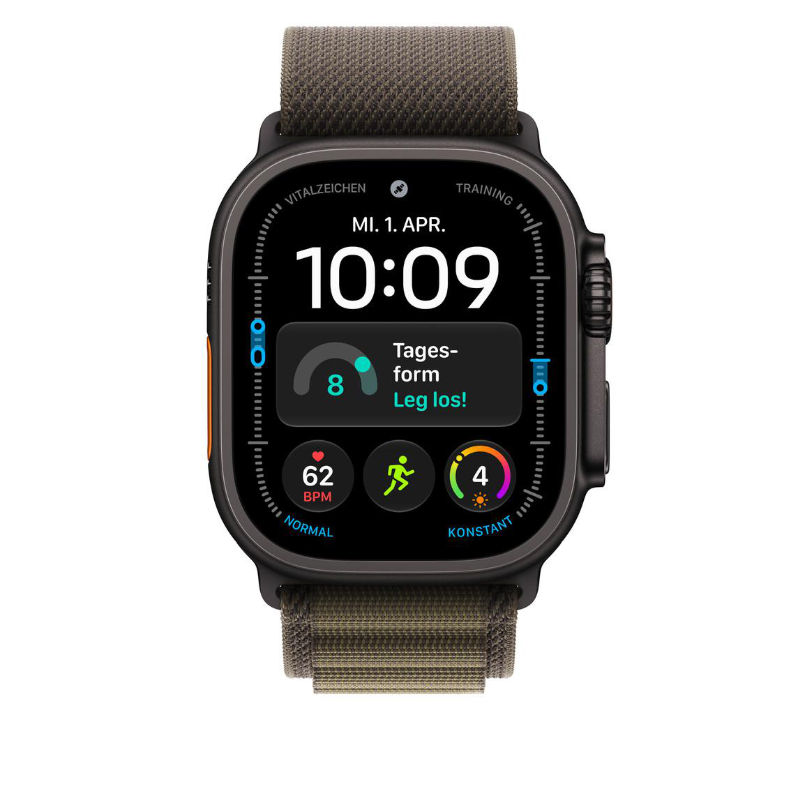 Schwarze Smartwatch mit grünem Textilarmband und digitalem Zifferblatt, das Uhrzeit, Puls und Fitnessdaten anzeigt.
