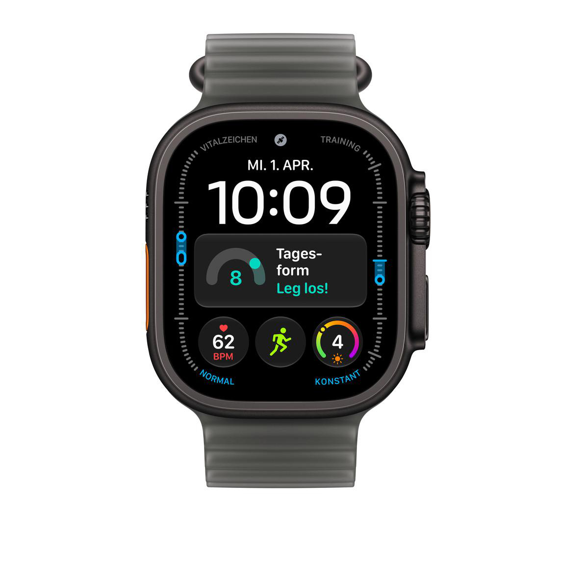 Eine schwarze Smartwatch mit grauem Armband zeigt die Uhrzeit 10:09 und Gesundheitsdaten an.