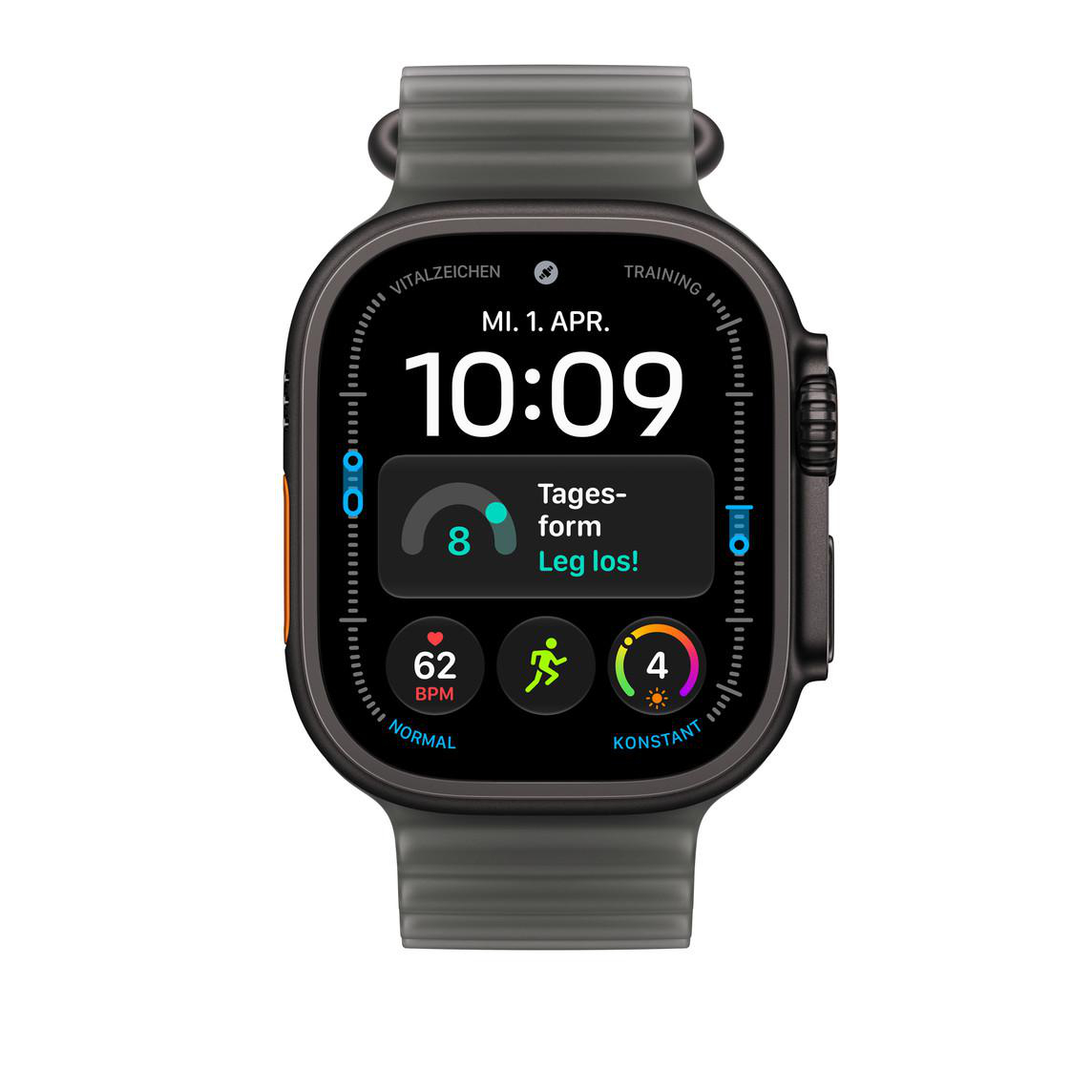 Eine schwarze Smartwatch mit grauem Armband, digitaler Zeitanzeige und Aktivitätsdaten auf dem Bildschirm.
