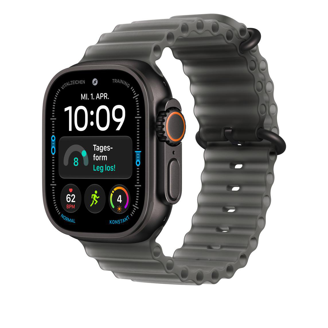 Eine schwarze Smartwatch mit strukturiertem grauen Silikonarmband zeigt Uhrzeit und Fitnesswerte.