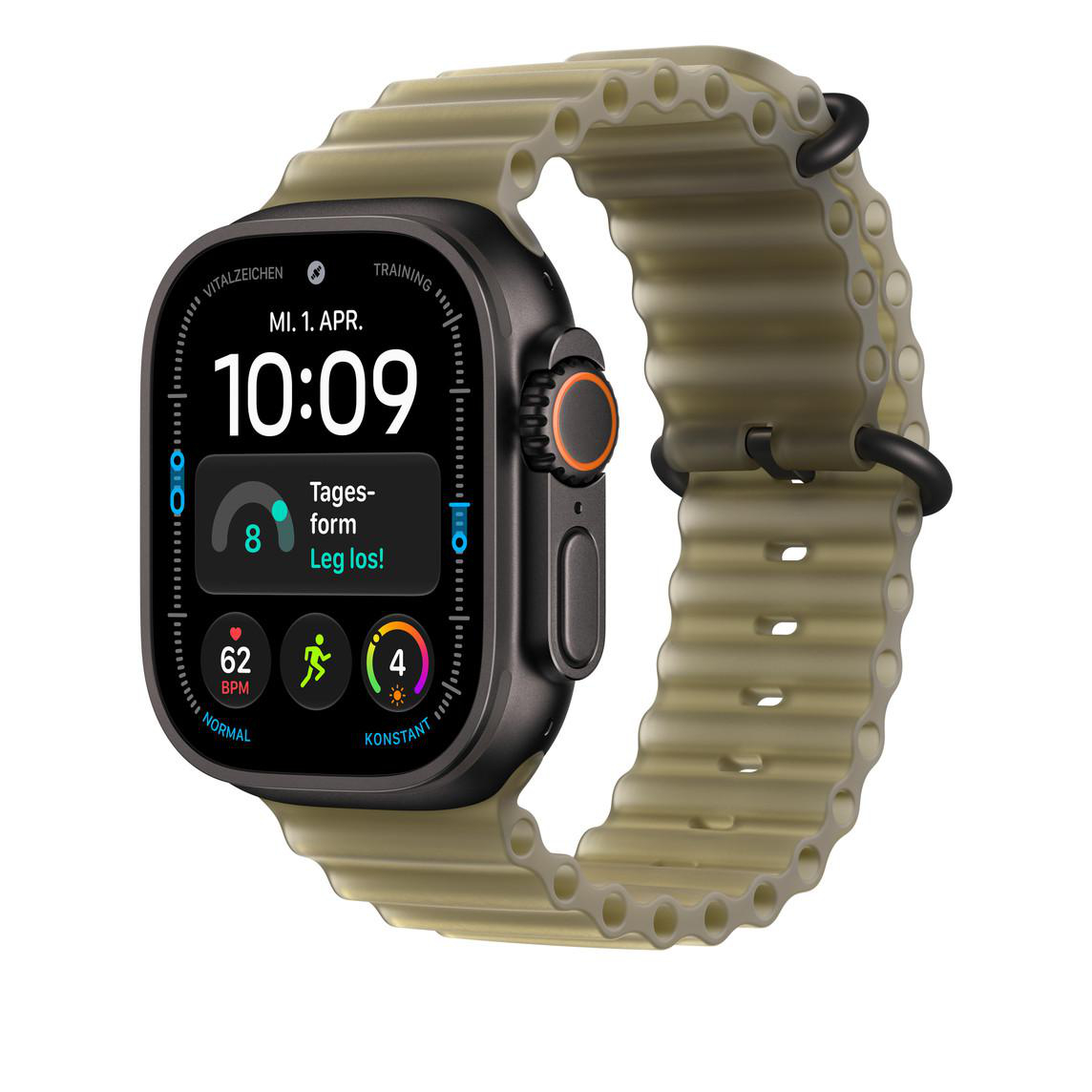 Eine schwarze Smartwatch mit einem olivgrünen, gerippten Band zeigt die Uhrzeit 10:09 und Fitnessdaten auf dem Display.