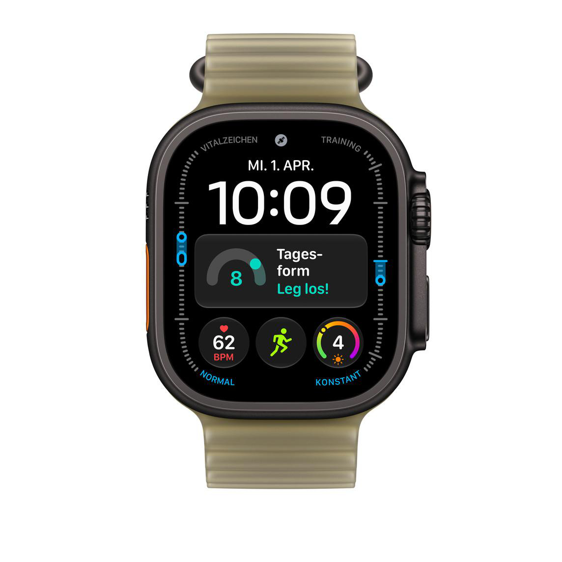 Eine Smartwatch mit olivgrünem Armband zeigt die Uhrzeit 10:09 und verschiedene Fitnessdaten auf dem Display.
