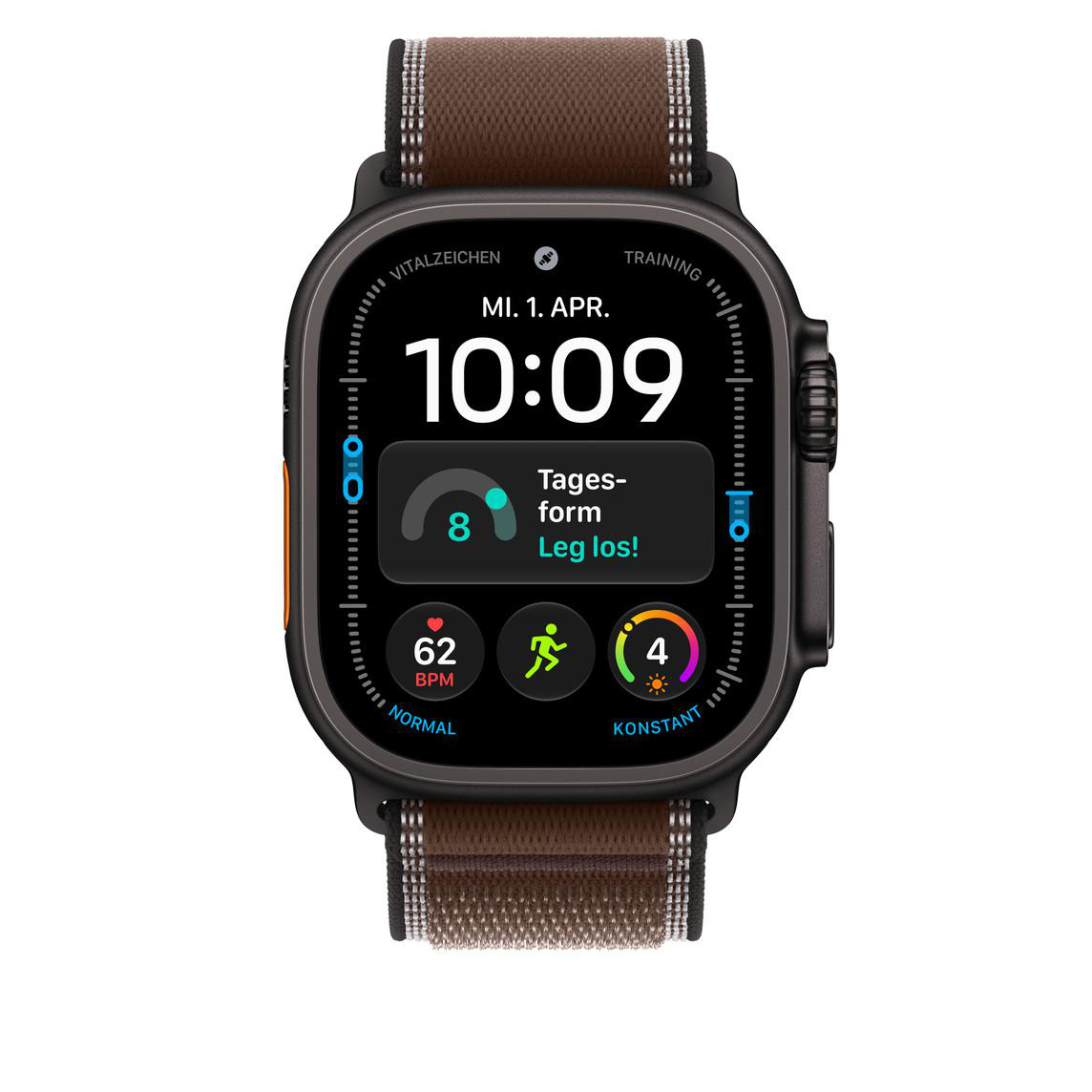 Eine schwarze Smartwatch mit braunem Stoffarmband und digitaler Anzeige von Uhrzeit, Herzfrequenz und Fitnessdaten.