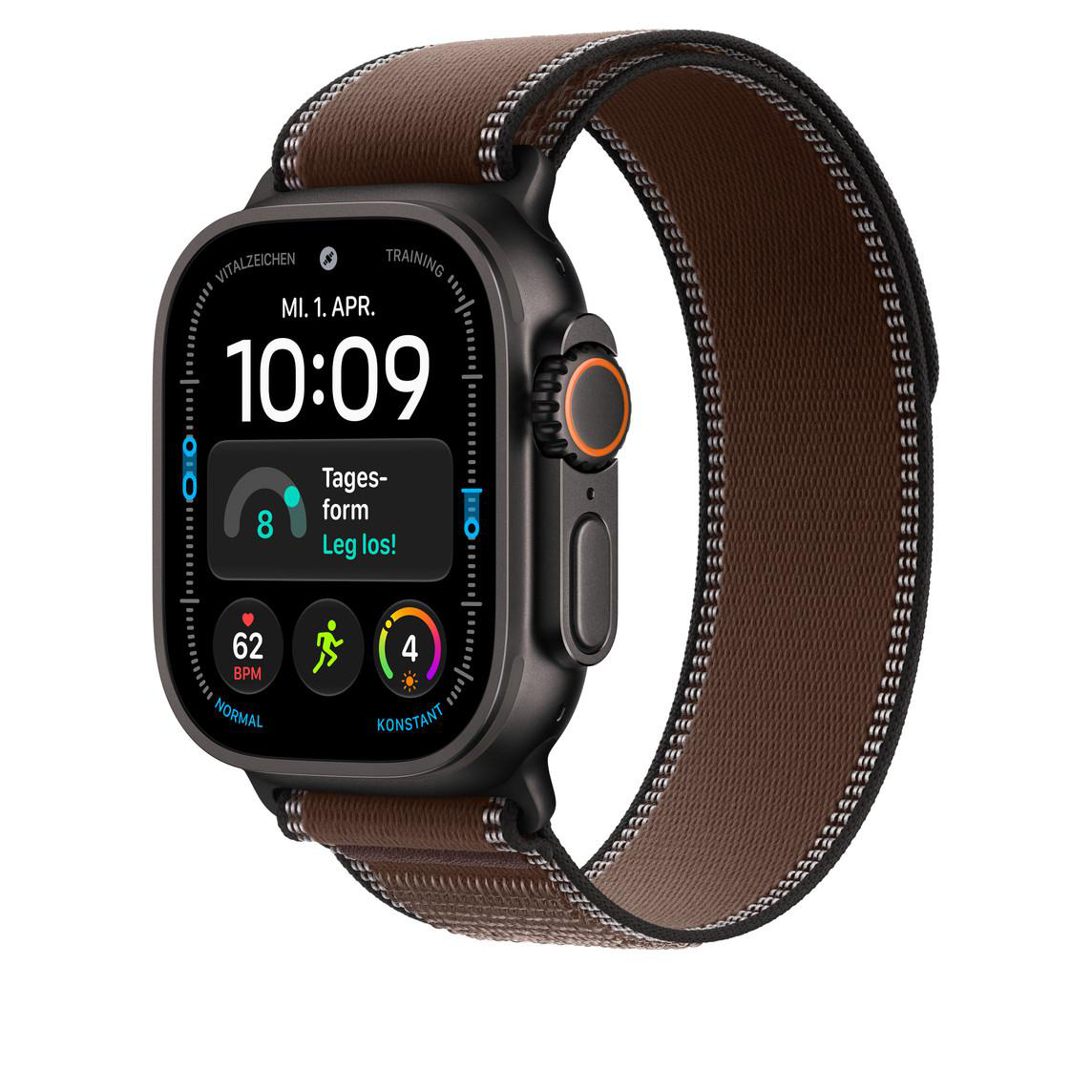 Eine schwarze Smartwatch mit braun-schwarzem Stoffarmband zeigt auf dem Bildschirm 10:09 Uhr und Fitnessdaten.
