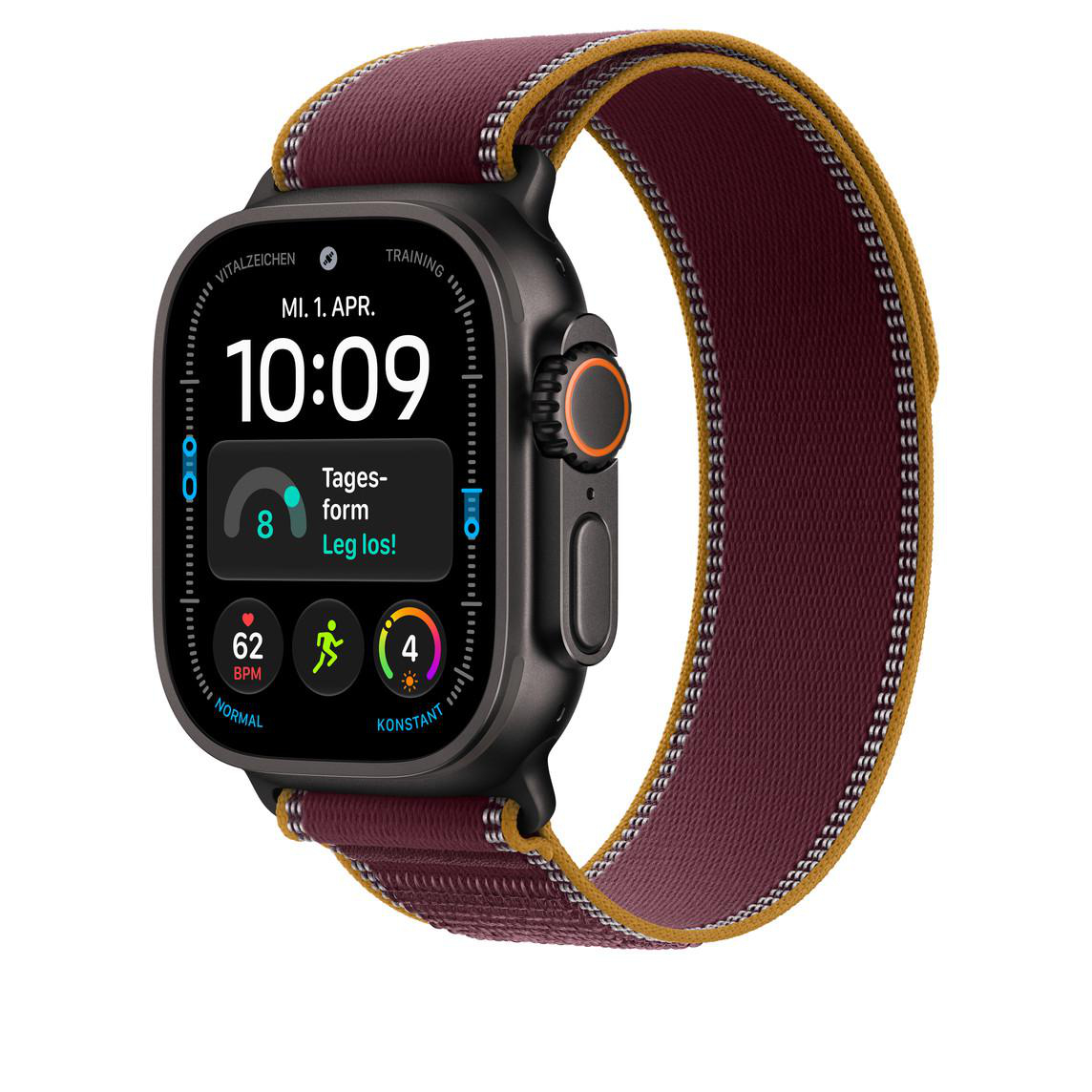 Smartwatch mit dunklem Gehäuse, digitaler Anzeige 10:09 und bordeauxrotem Armband mit gelbem Rand auf weißem Grund.