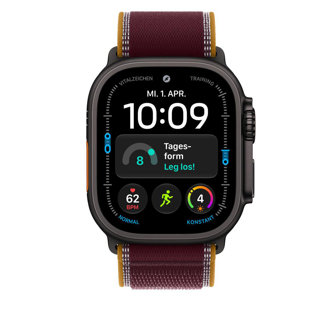 Eine schwarze Smartwatch mit dunkelrotem Armband zeigt die Uhrzeit 10:09 und Fitnessdaten auf dem Display.